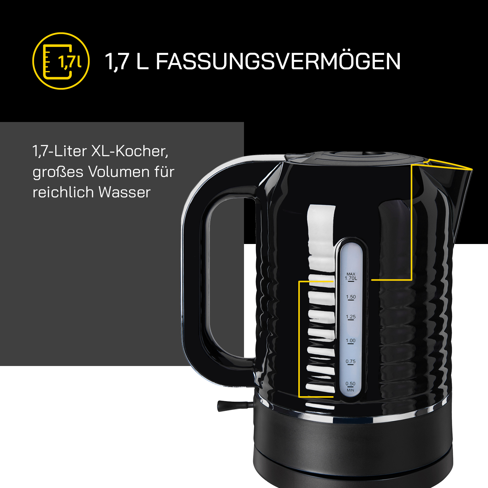 Un bollitore elettrico nero con capacità di 1,7L. Il testo in tedesco descrive il volume.