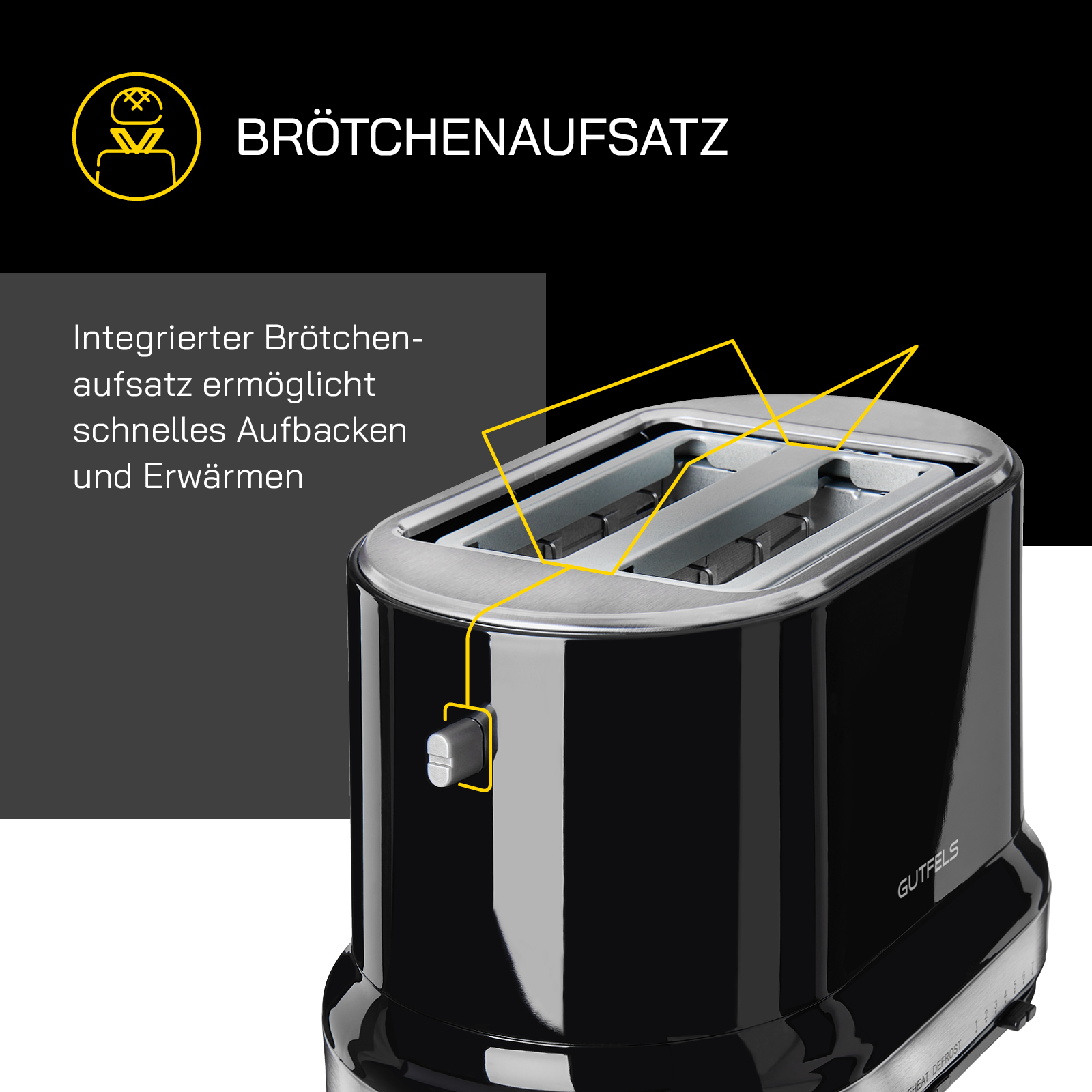 Schwarz-silberner Toaster mit Text-Overlay über Toasten und Erwärmen.