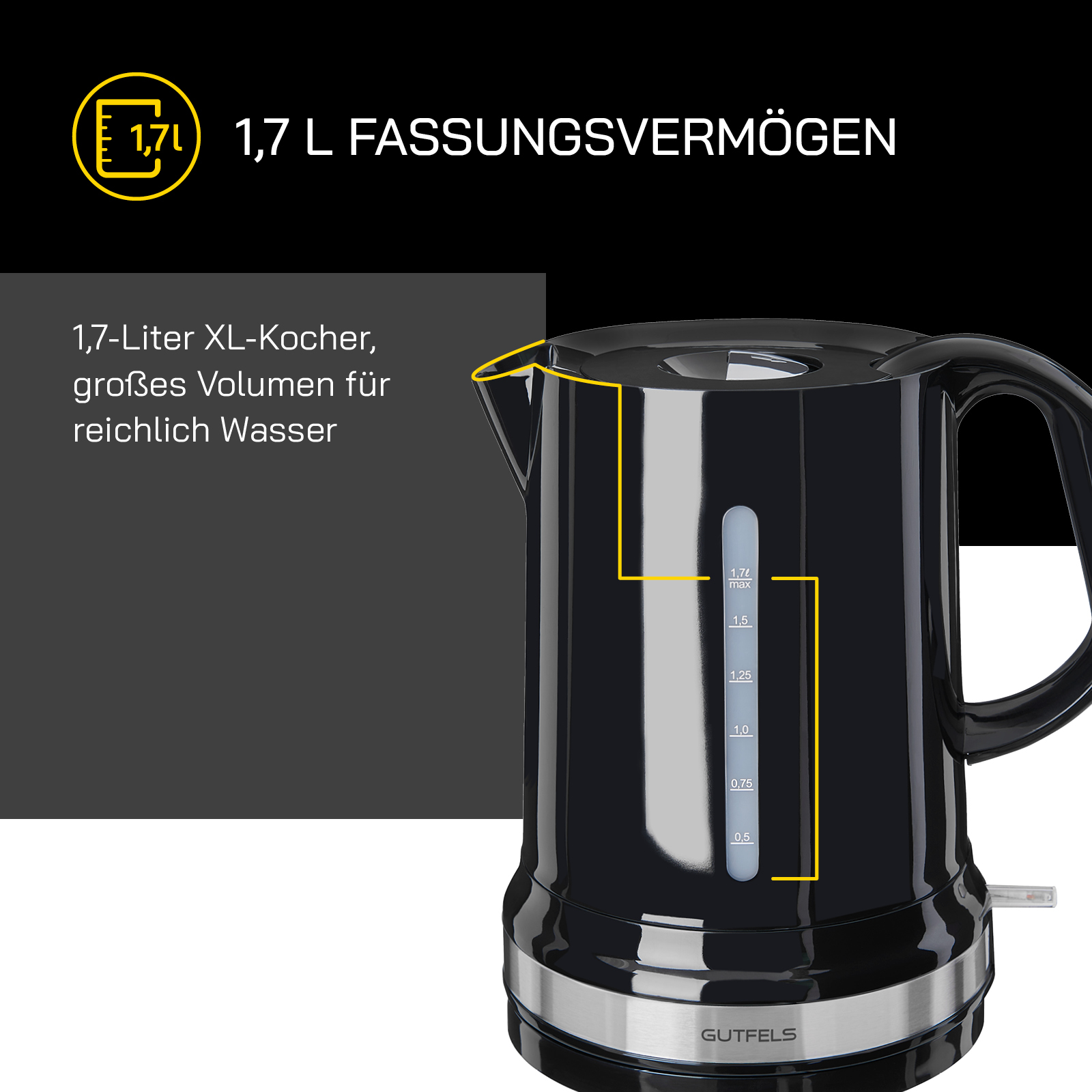 Schwarzer Wasserkocher mit Wasserstandsanzeige und Text auf Deutsch.