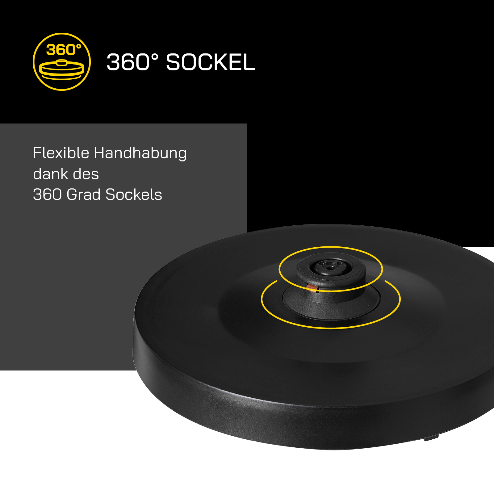 Una base per bollitore nera con le parole '360° Sockel' e testo correlato.