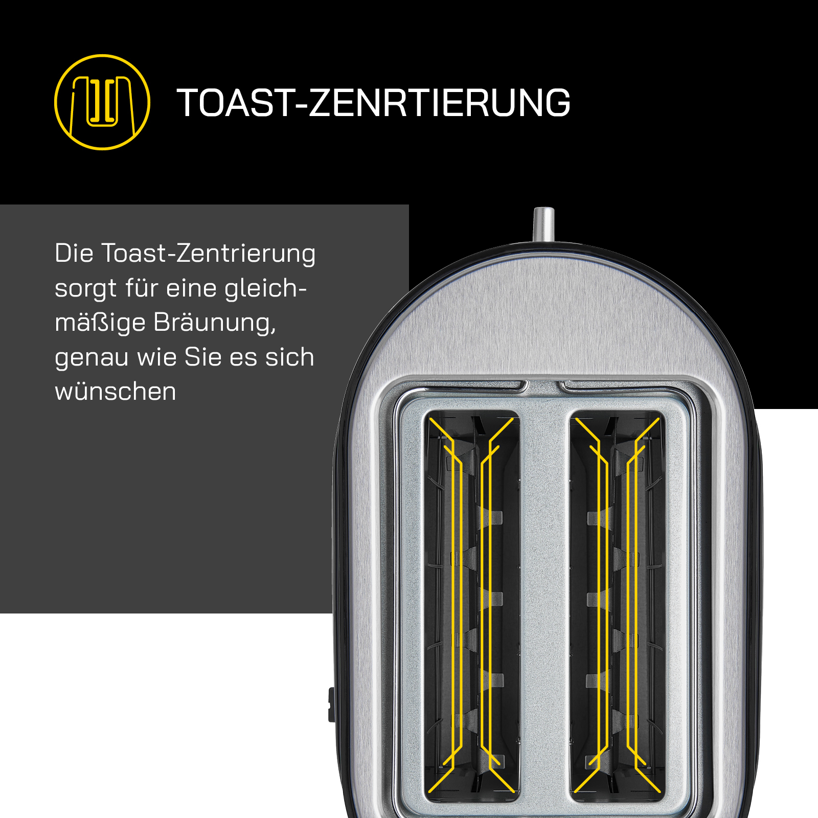 Toaster mit Text auf Deutsch. Schwarzer Hintergrund.
