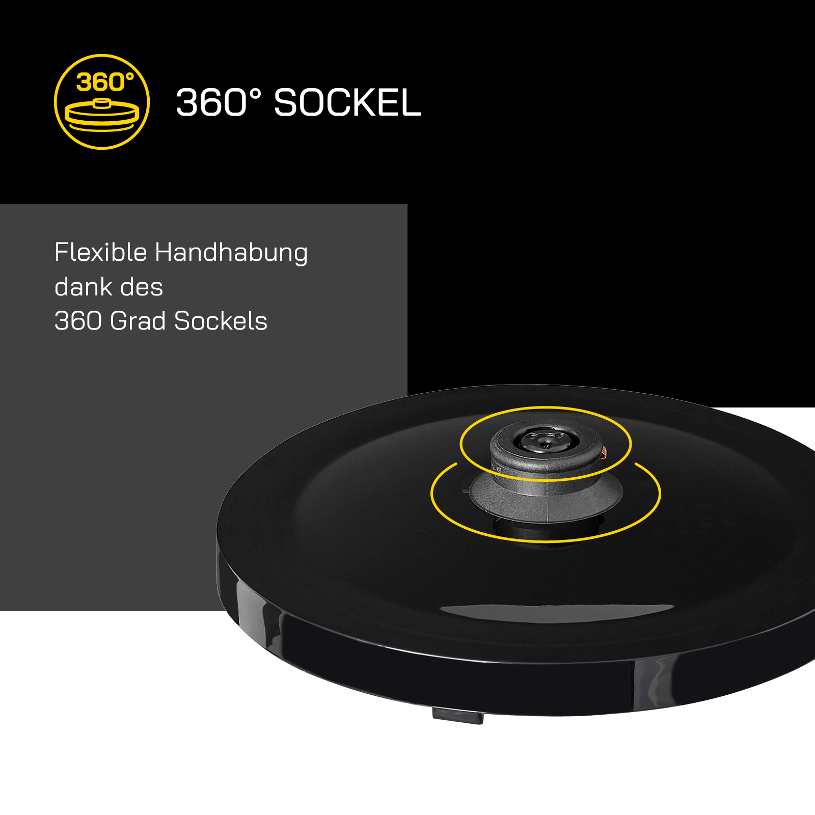 Schwarzer Topfdeckel mit 360-Grad-Sockeldetail. Text und gelbe Linien heben den Sockel hervor. Schwarzer Hintergrund.