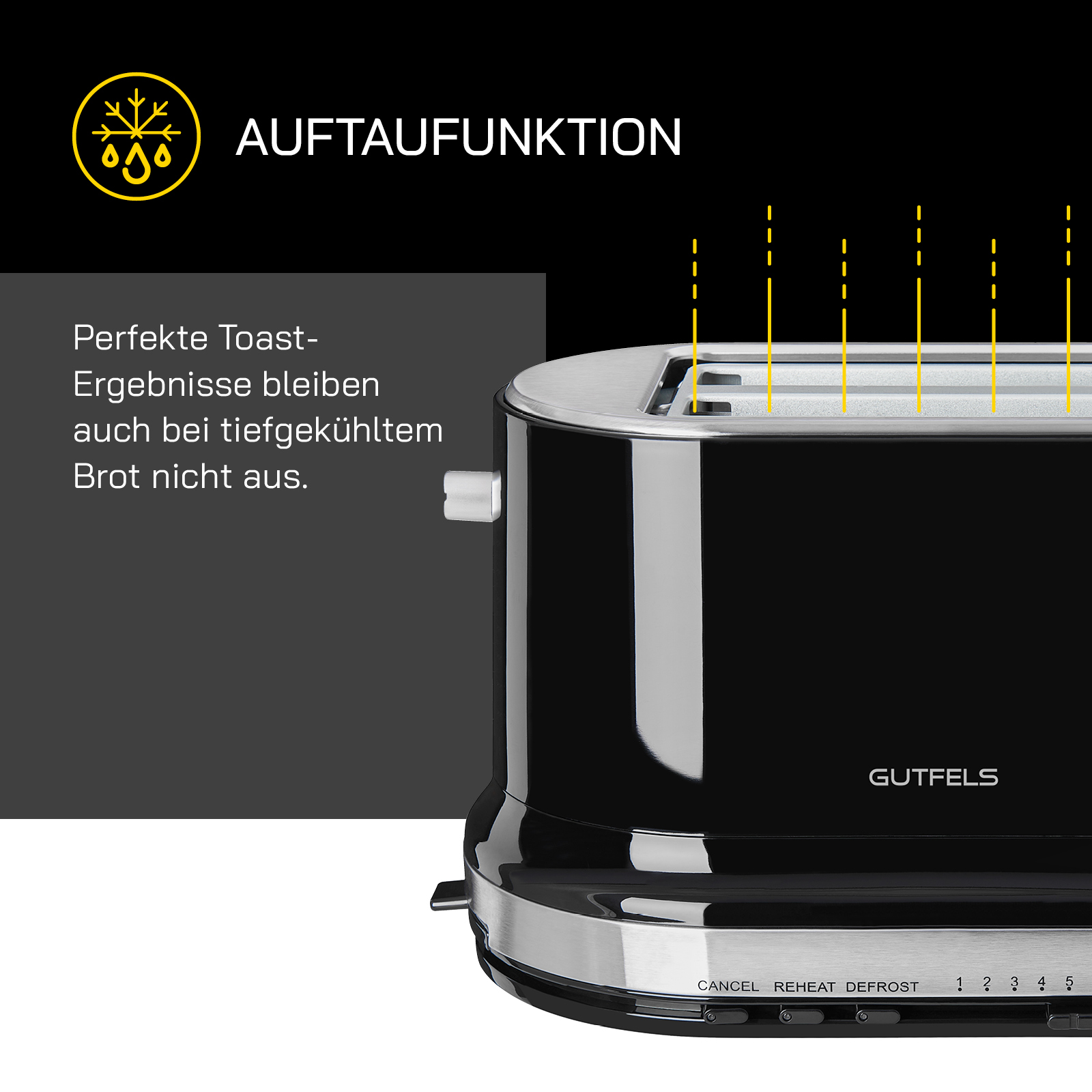 Schwarzer Toaster mit silbernen Akzenten. Deutscher Text: "AUFTAUFUNKTION" und "GUTFELS".