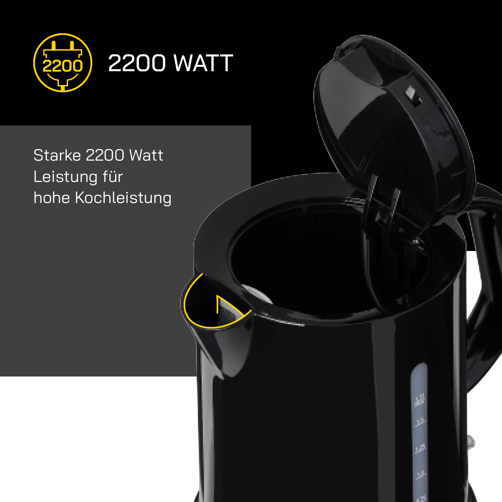 Ein schwarzer Wasserkocher mit offenem Deckel und einem gelben 2200 Watt Zeichen.