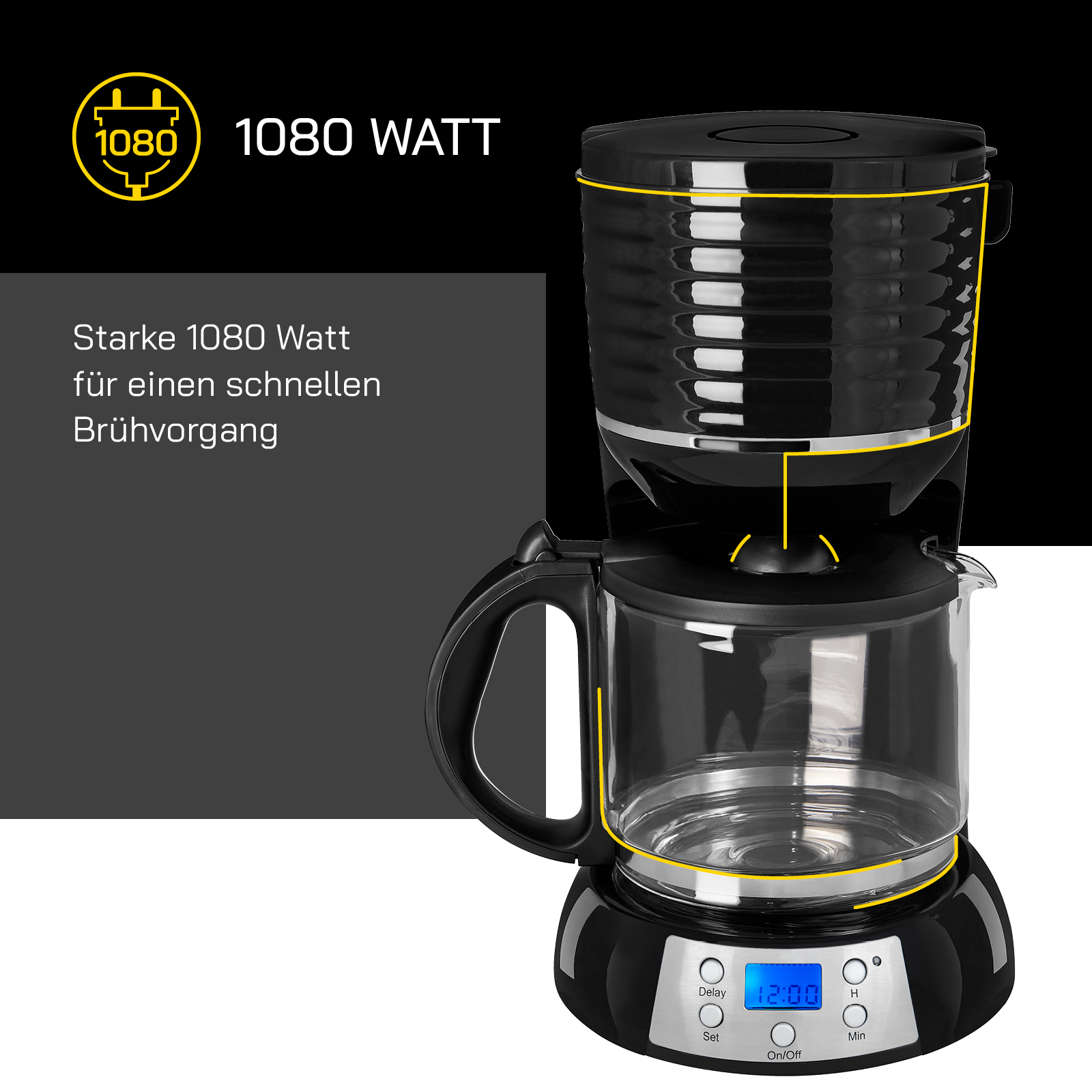 Schwarze Kaffeemaschine mit Glaskaraffe und Digitalanzeige, mit gelben Akzenten.