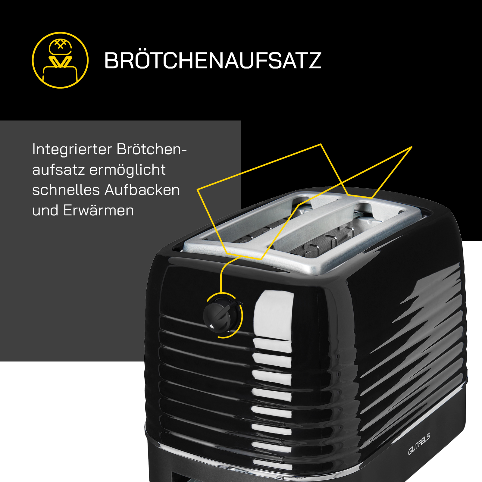 Tostapane nero con testo sull'accessorio per panini integrato che riscalda e tosta velocemente.