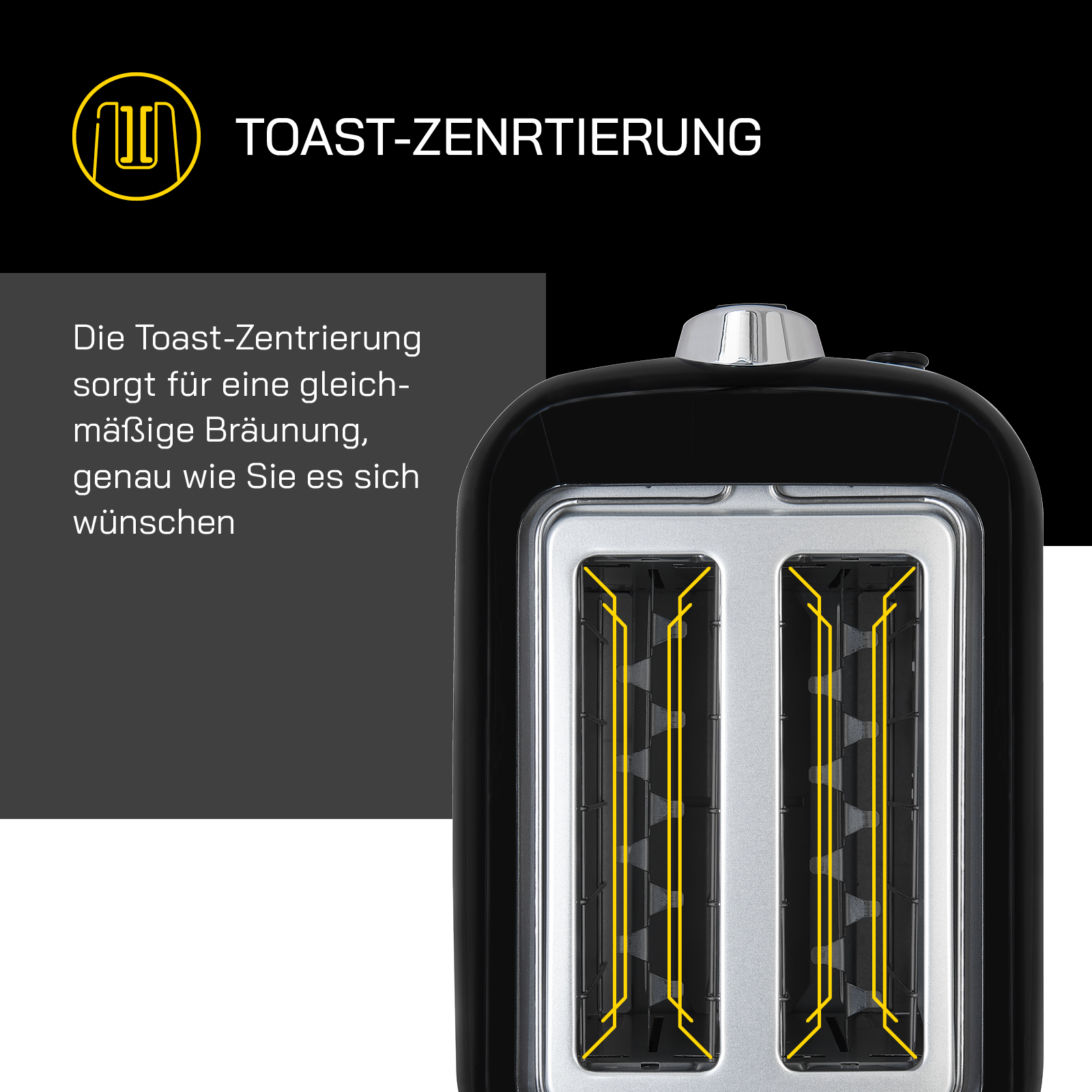 Primo piano di un tostapane nero. Sono visibili gli elementi interni e il testo sul toast.