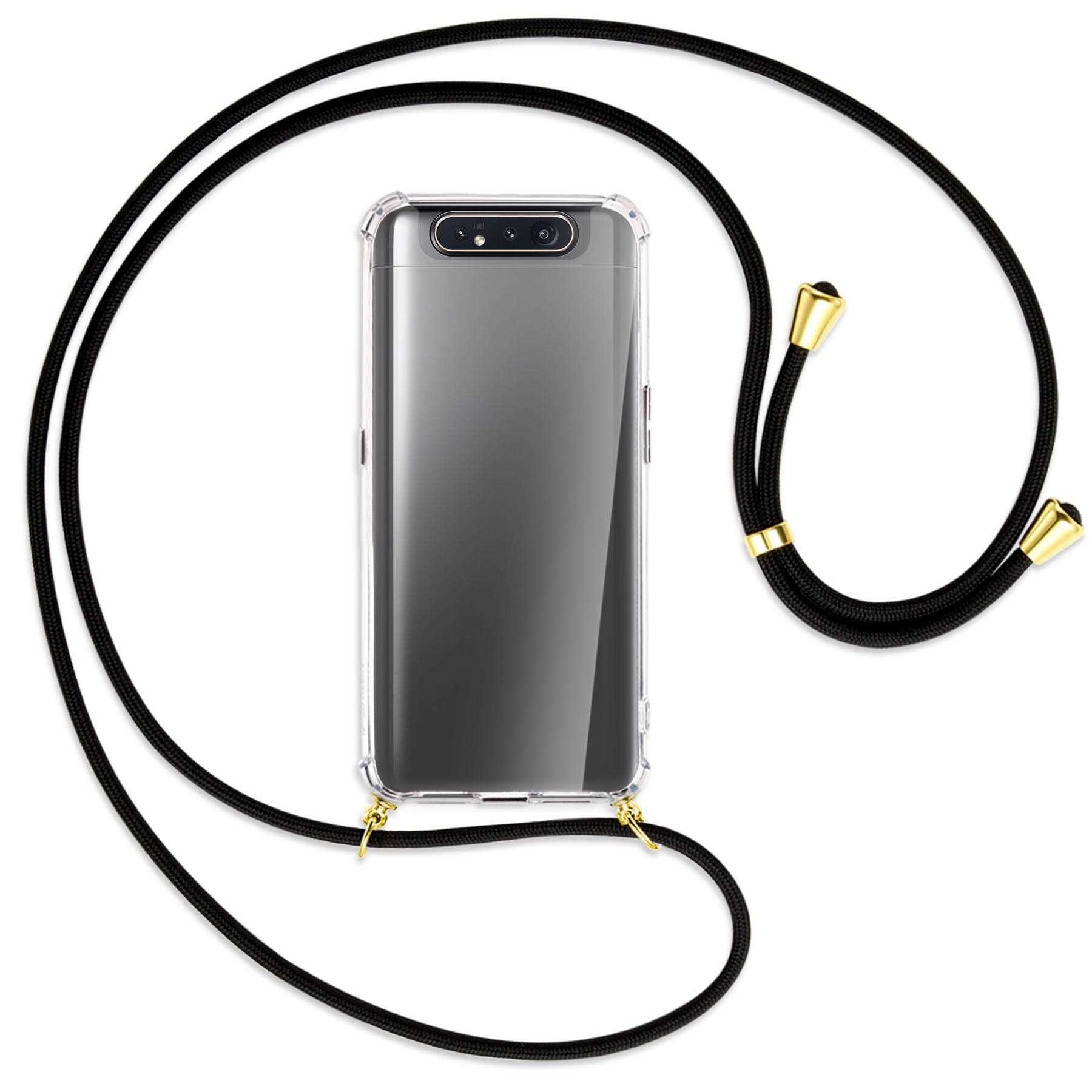 Transparente Handyhülle mit schwarzer Kordel. Die Hülle hält ein Telefon mit Kamera.