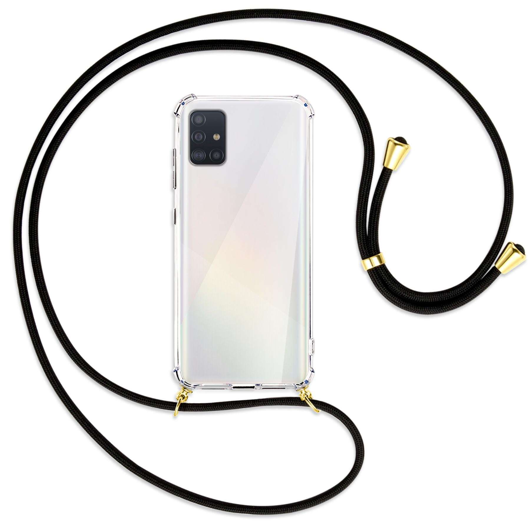 Transparente Handyhülle mit schwarzem Umhängeband, goldfarbene Akzente. Weißes Telefon.