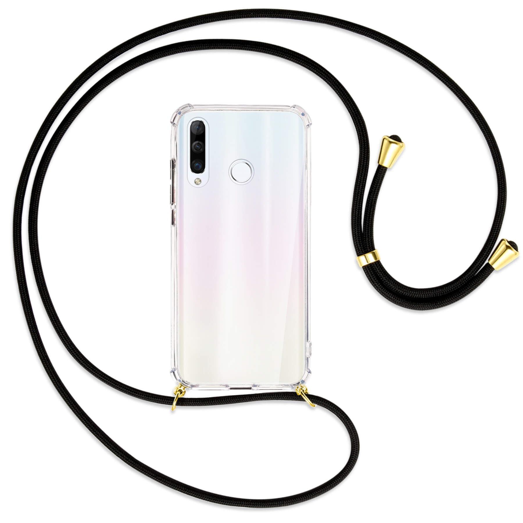 Ein weißes Telefon in einer transparenten Hülle mit schwarzem Band. Das Band hat goldene Akzente und Schlaufen.
