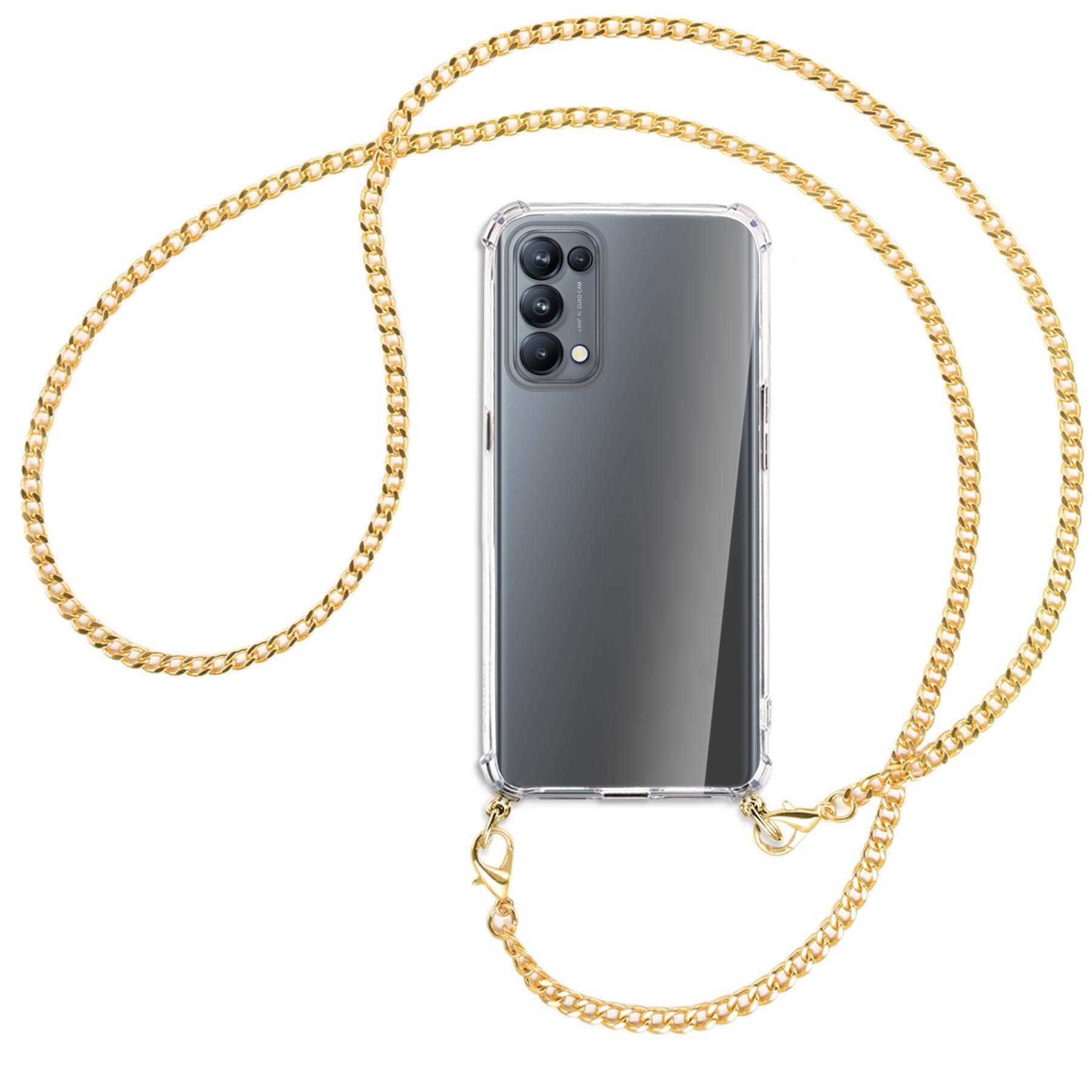 Transparente Handyhülle mit goldener Kette. Telefon abgewandt. Goldkette und Verschlüsse sichtbar.