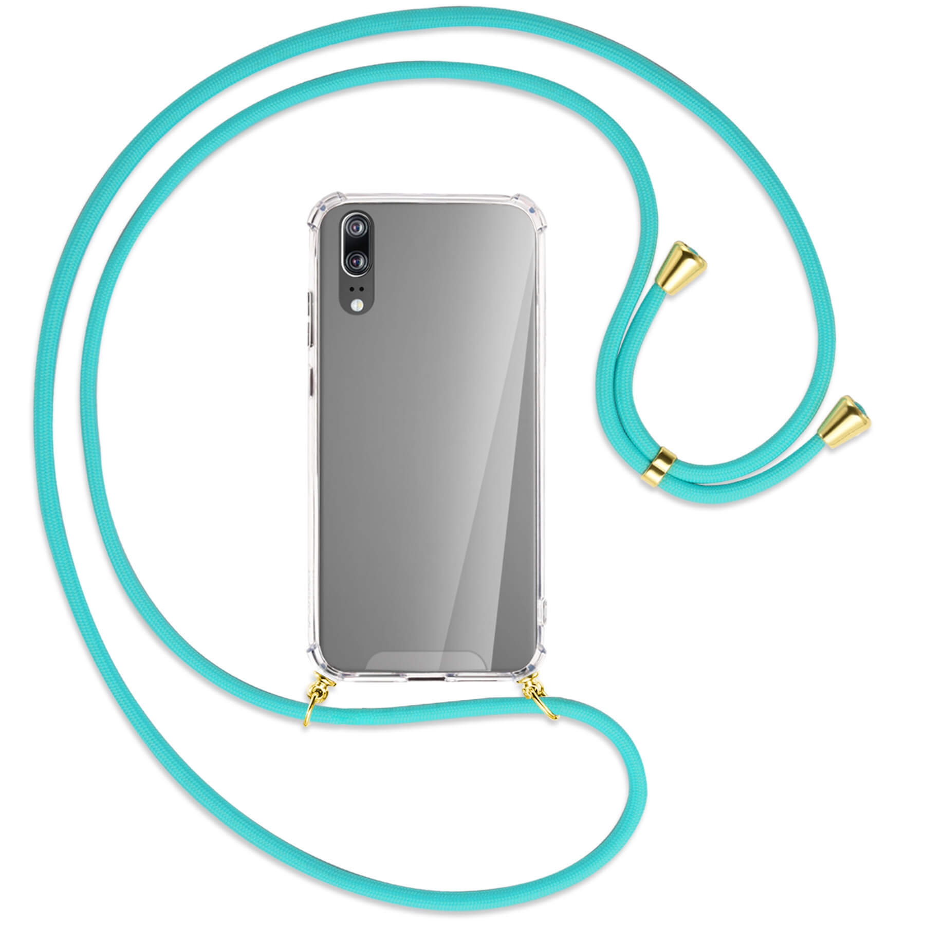 Telefon in klarer Hülle mit türkisblauem Kabel. Das Telefon hat mehrere Rückfahrkameras.