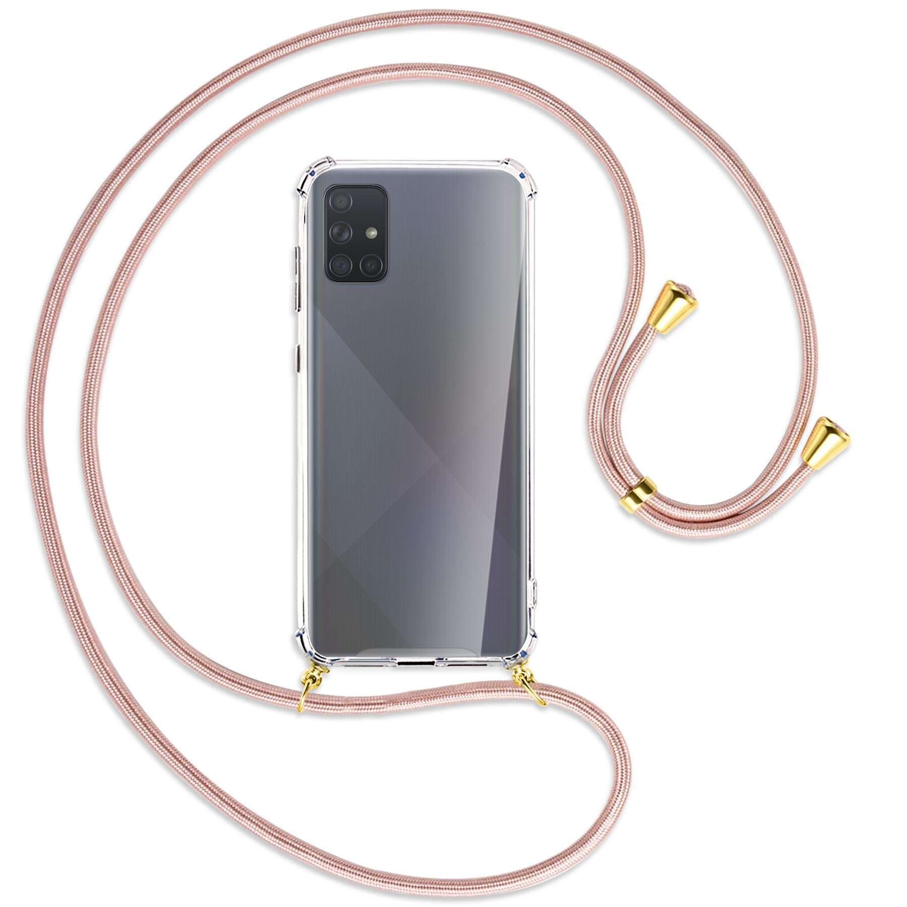 Telefon mit klarer Hülle und pinkfarbenem Kabel, goldene Akzente für Umhängeband, auf weißem Hintergrund.
