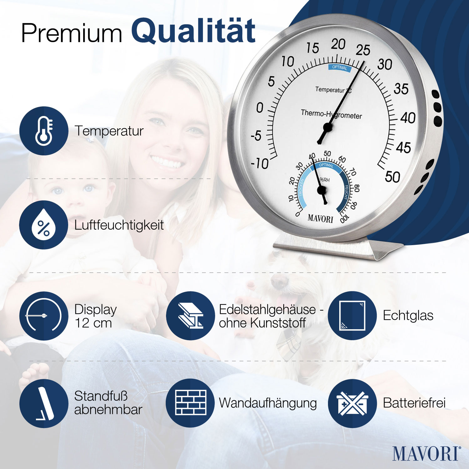 Ein Thermometer mit Frau und Kind. Etiketten umfassen Temperatur, Luftfeuchtigkeit.