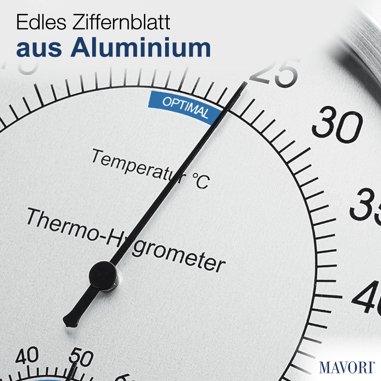 Nahaufnahme eines Thermometerzifferblattes mit deutschem Text. Nadel zeigt 'Optimal'.