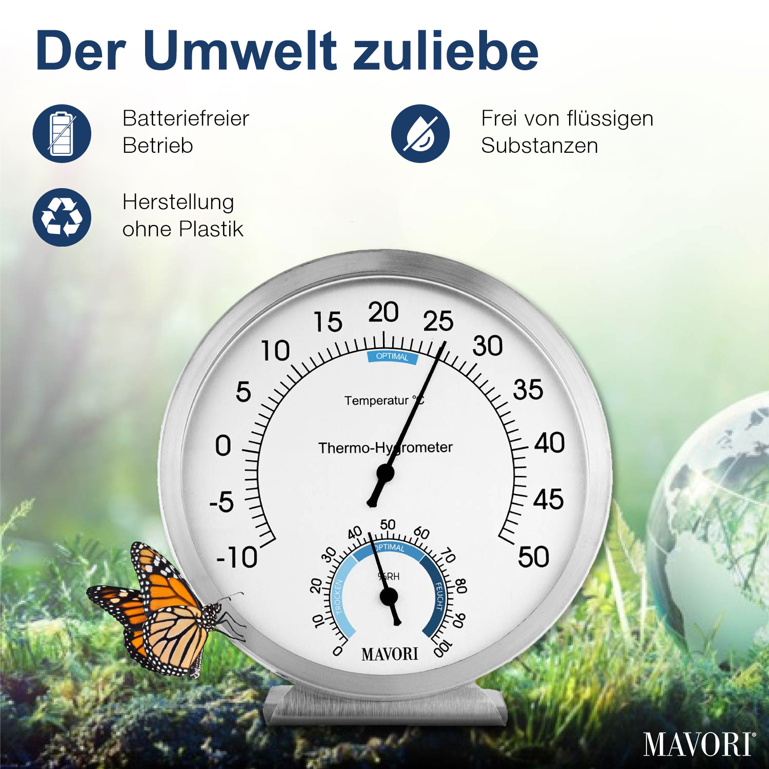 Thermometer mit Schmetterling und Globus.