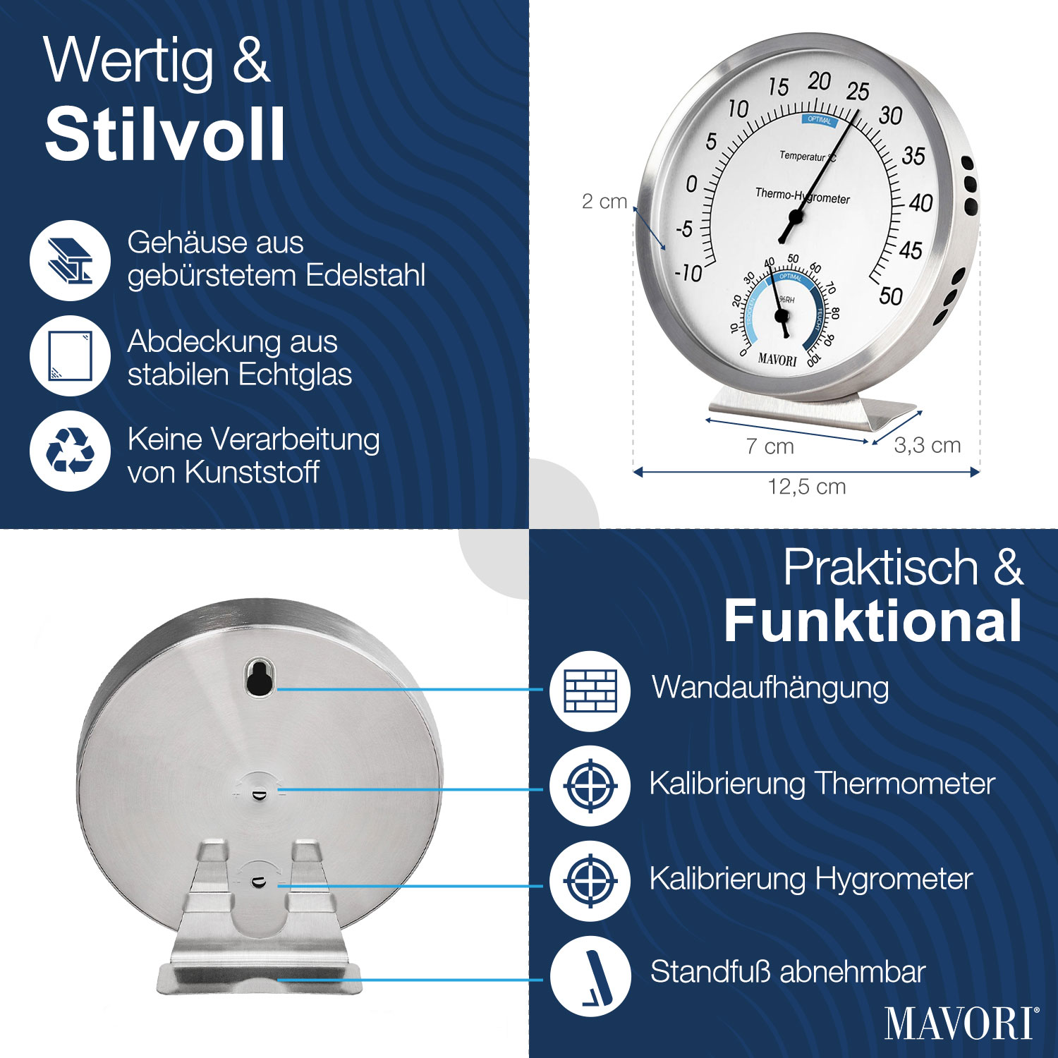 Ein Thermometer mit Ständer und Beschriftungen, ein Diagramm zeigt die Messung. Text: 'Wertig & Stilvoll'.