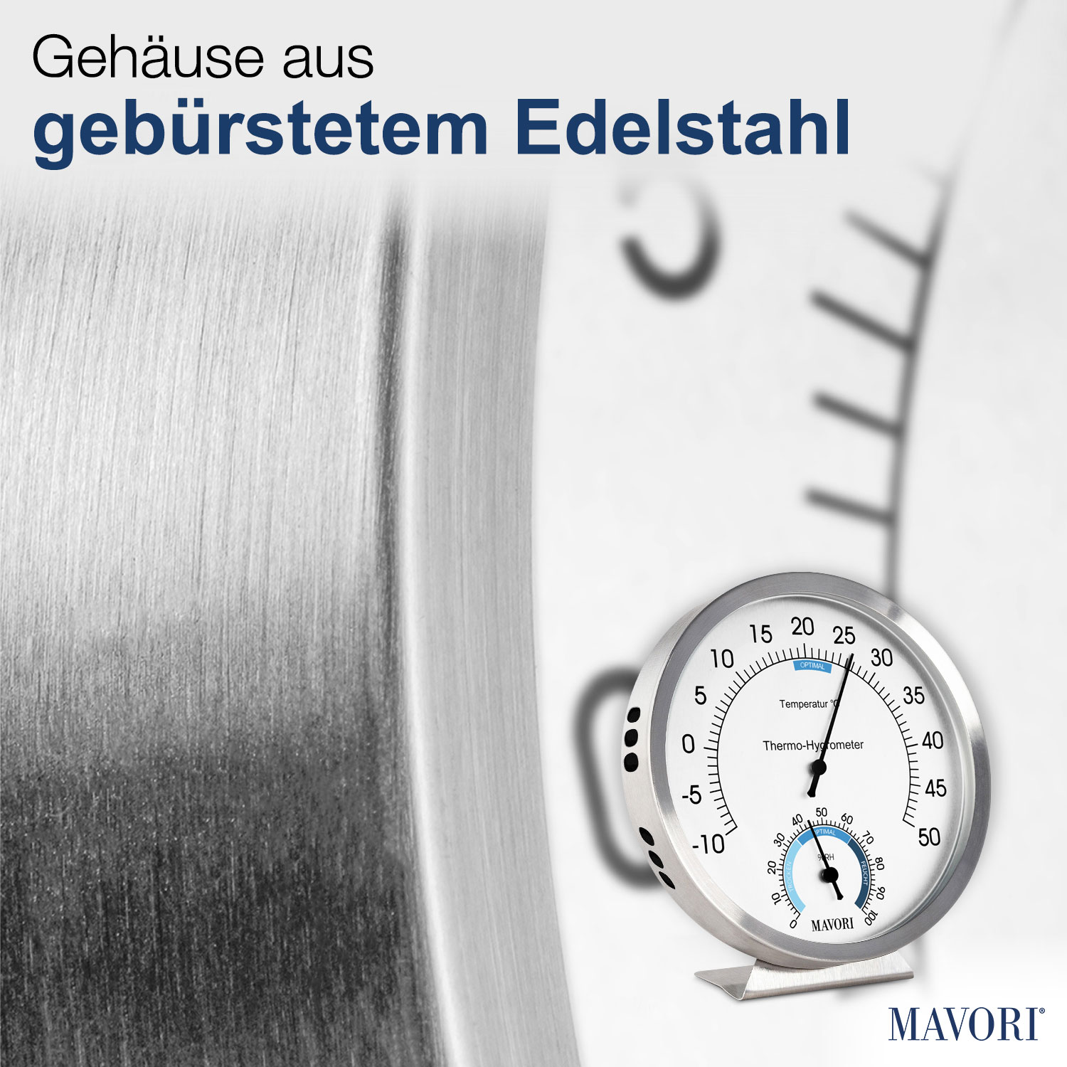 Thermometer und gebürstetes Metall, mit Text.