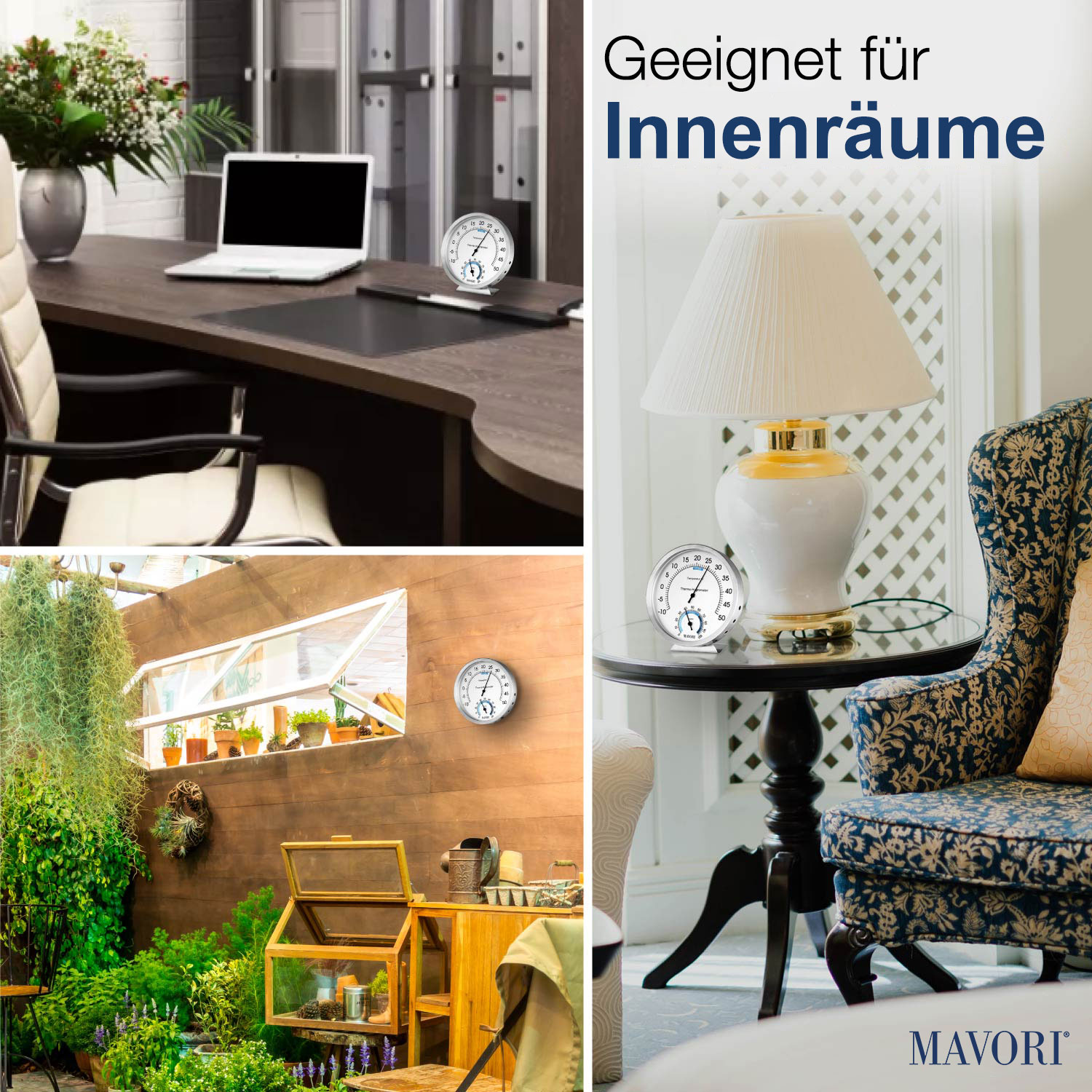 Collage von Innenraumszenen mit Thermometern und Text: Geeignet für Innenräume.