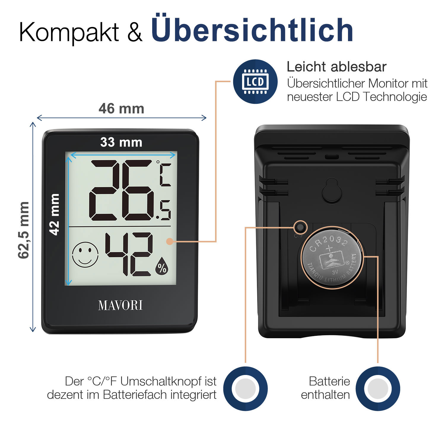 Schwarzes Digitalthermometer mit Anzeige von Zahlen und Batterieinformationen.
