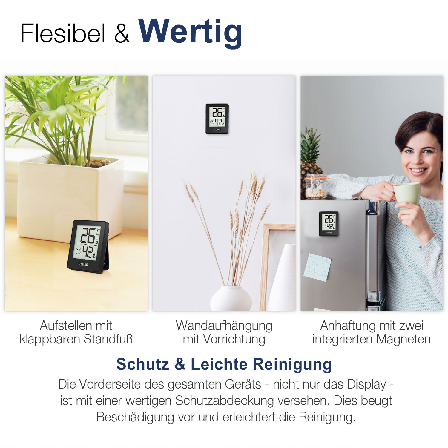 Eine Broschüre mit drei Bildern: einer Pflanze, einer Vase mit Blumen und einem Kühlschrank mit Thermometer.