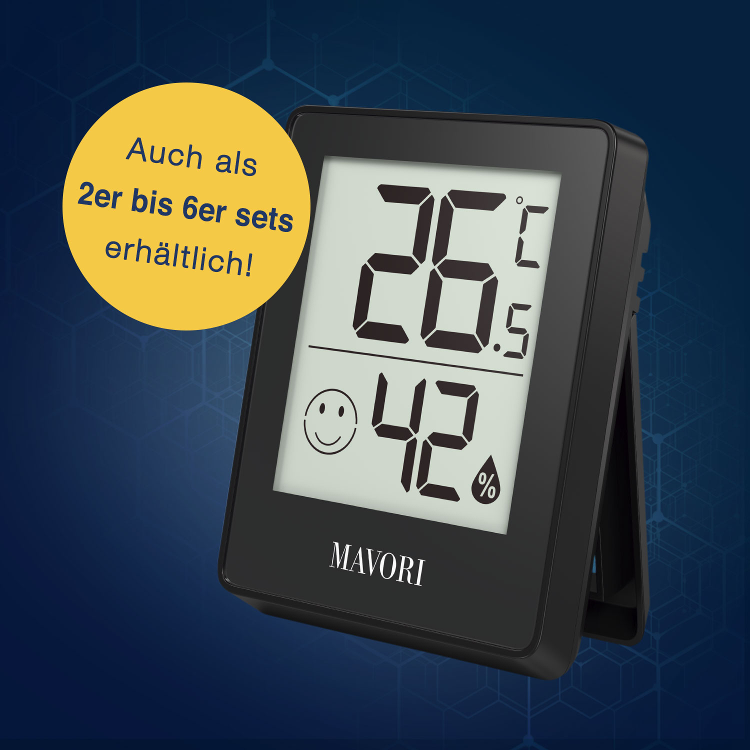 Schwarzes Digitalthermometer zeigt Temperatur und Luftfeuchtigkeit mit Text im gelben Kreis.