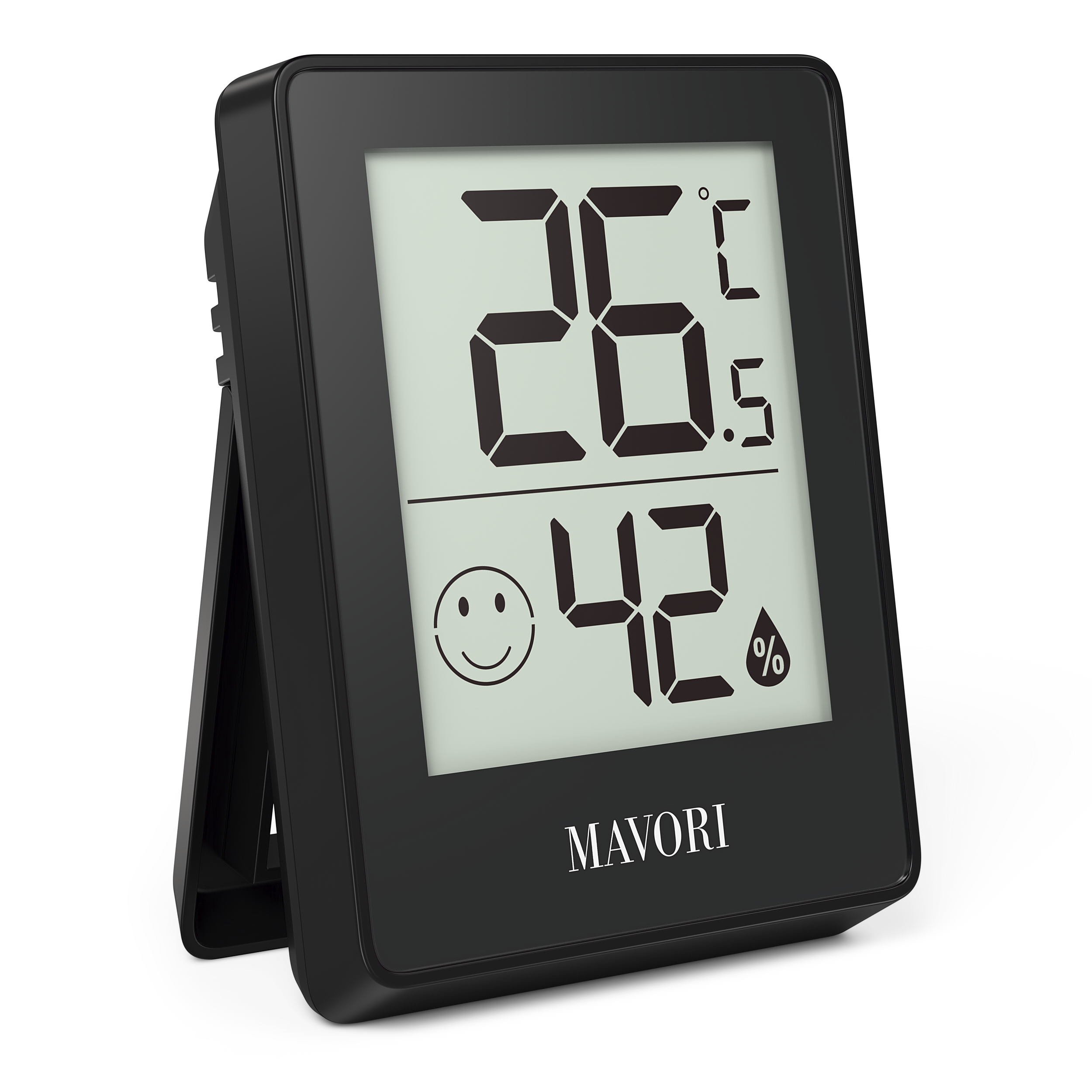 Ein schwarzes digitales Thermometer zeigt 26,5 Grad Celsius und 42 % Luftfeuchtigkeit.