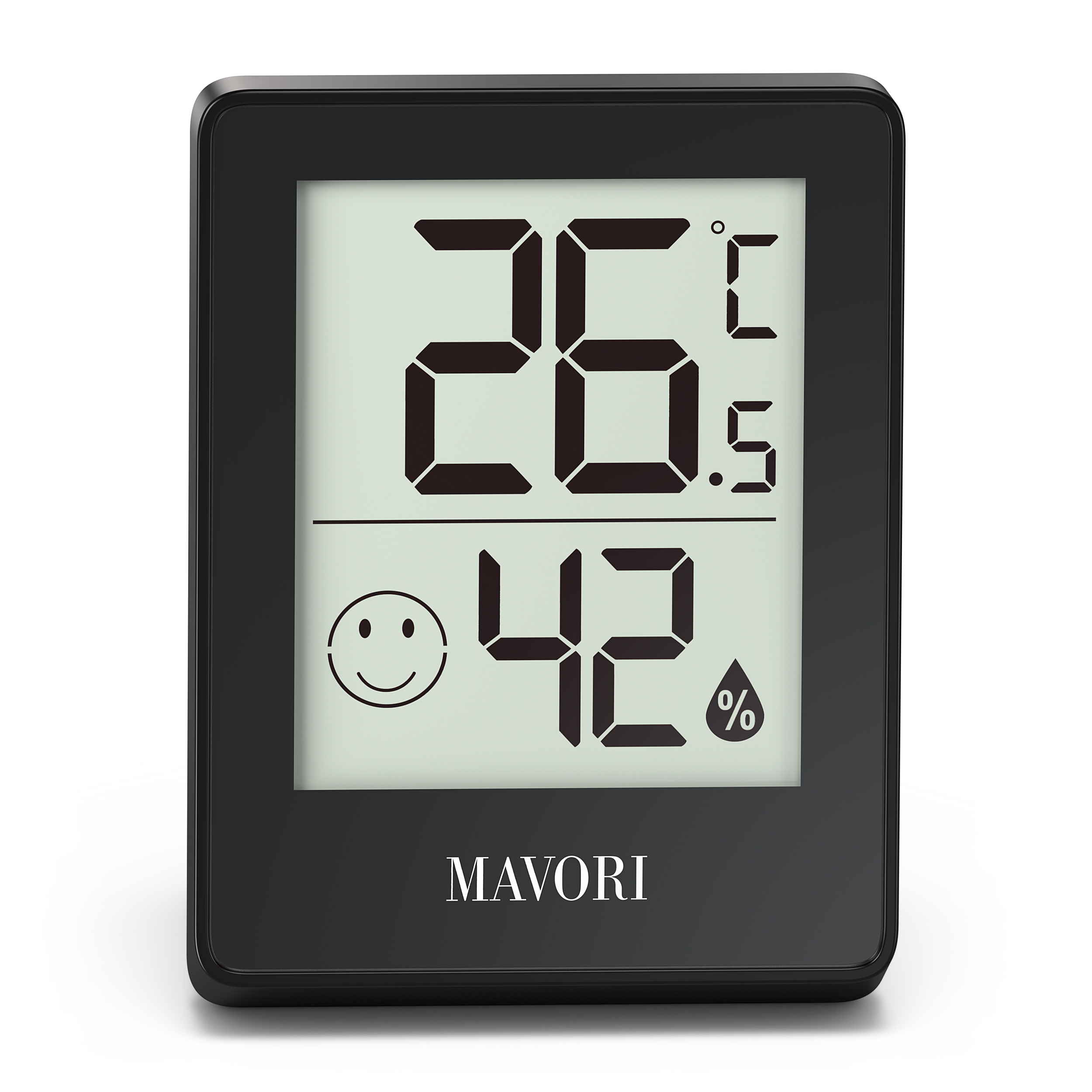Ein schwarzes digitales Thermometer mit 26,5°C und 42% mit einem lächelnden Gesichts-Symbol und dem Wort MAVORI.