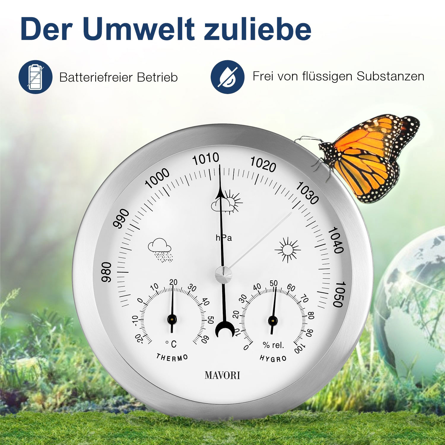 Silberne Wetterstation mit Anzeigen, Schmetterling und Globus auf grünem Gras.
