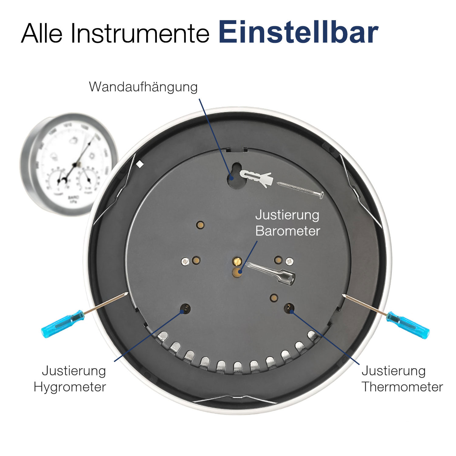 Nahaufnahme eines Barometers mit Beschriftungen und Einstelltasten.