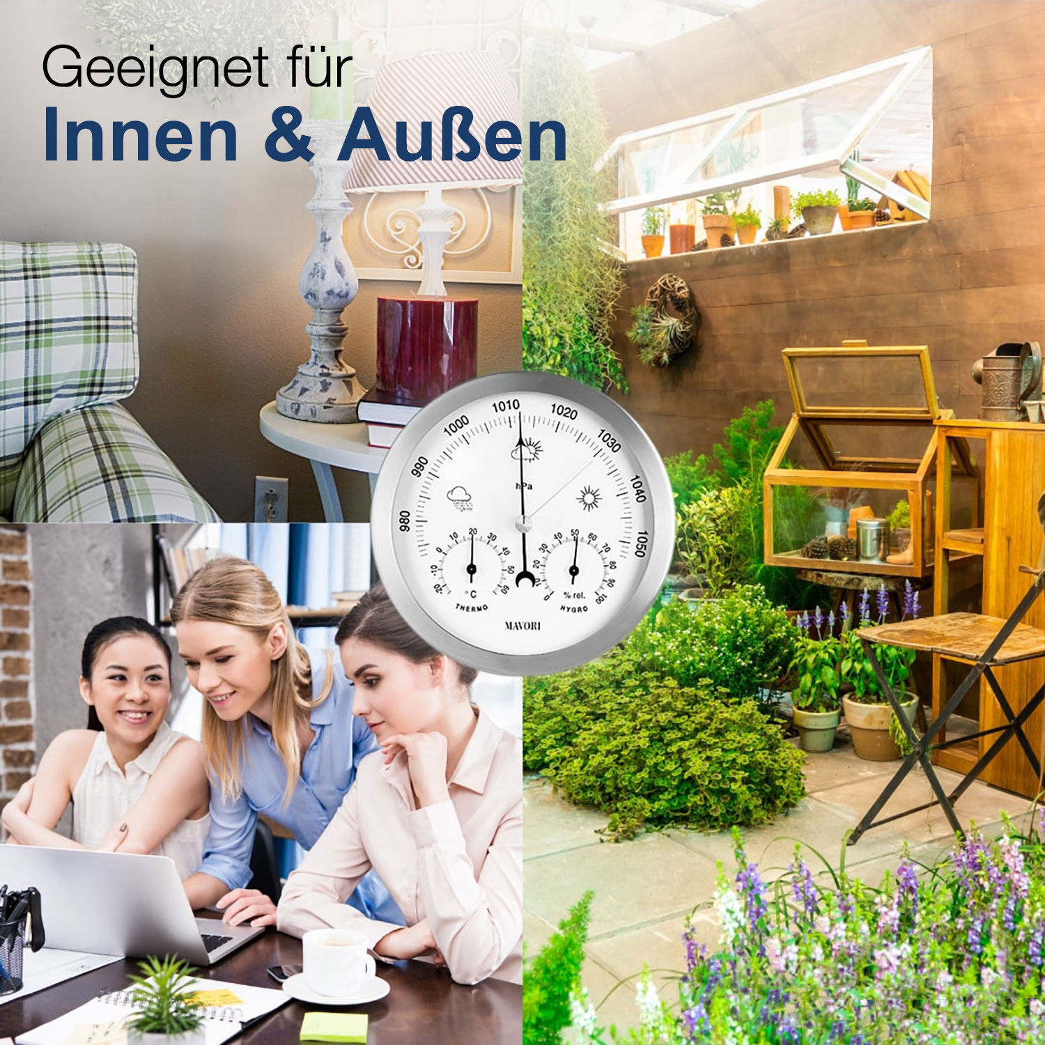 Collage mit Innen- und Außenszenen, einem Barometer und Frauen, die auf einen Laptop schauen.