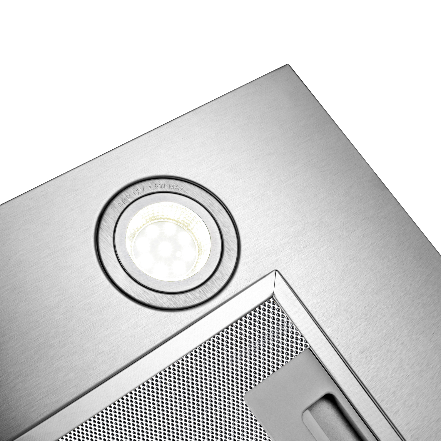 An angled view of a stainless steel range hood, showing a light and a perforated panel.