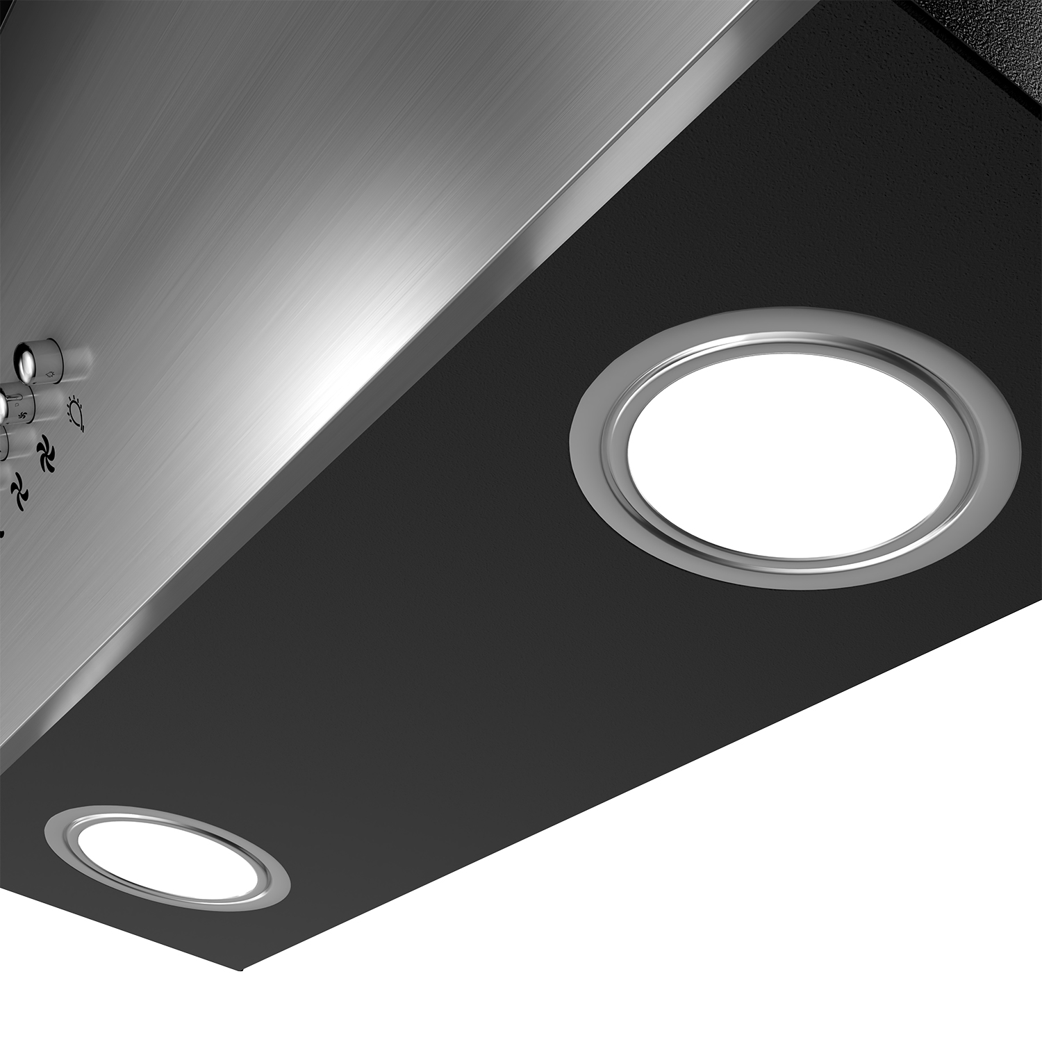 Close-up van een zwarte afzuigkap met twee cirkelvormige lampen.