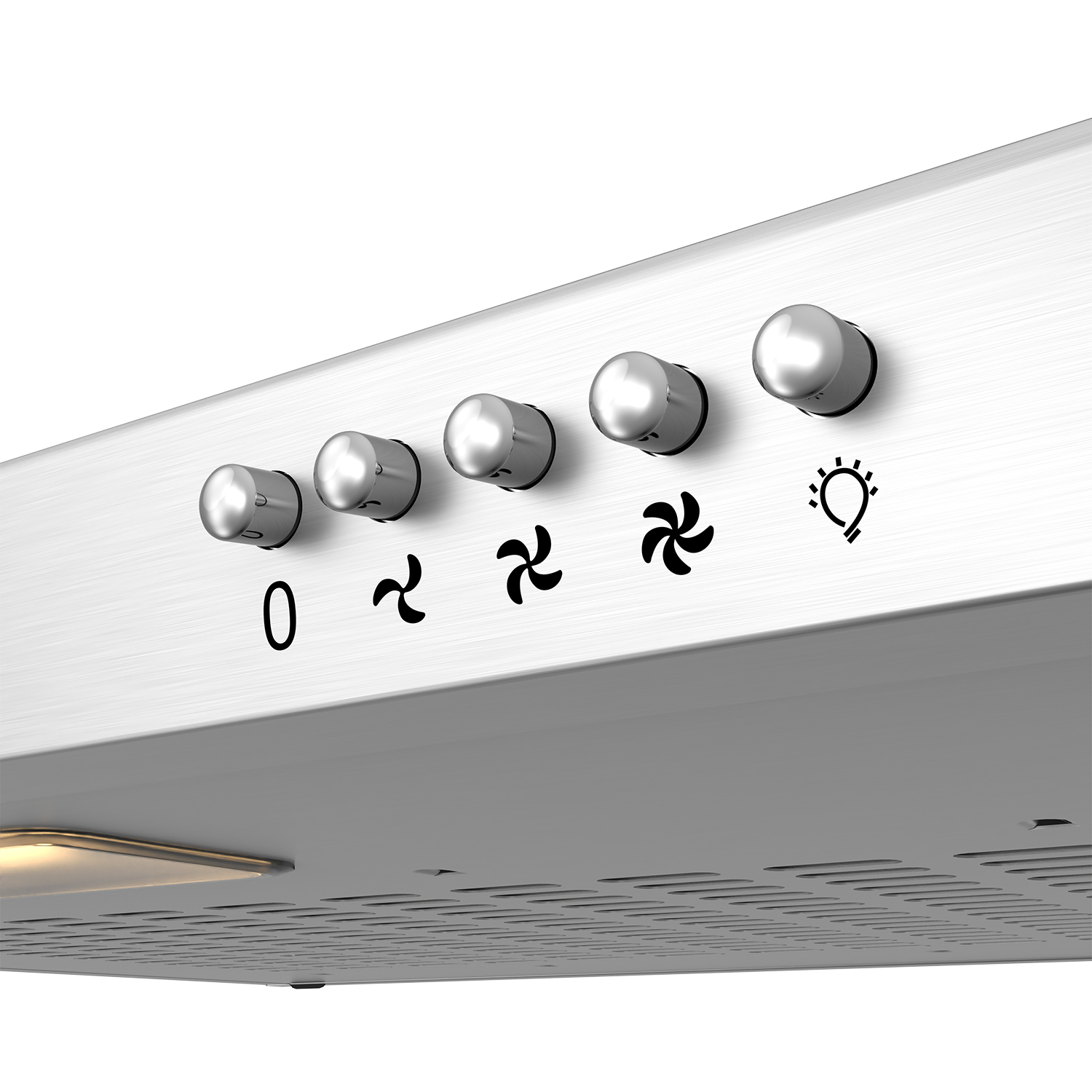 The control panel of a range hood with five silver buttons. The buttons have symbols for fan and light.