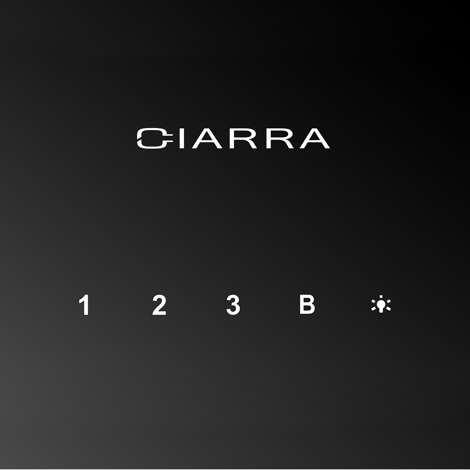 Schwarzer Hintergrund mit CIARRA-Logo und Steuerungssymbolen: 1, 2, 3, B und eine Glühbirne.