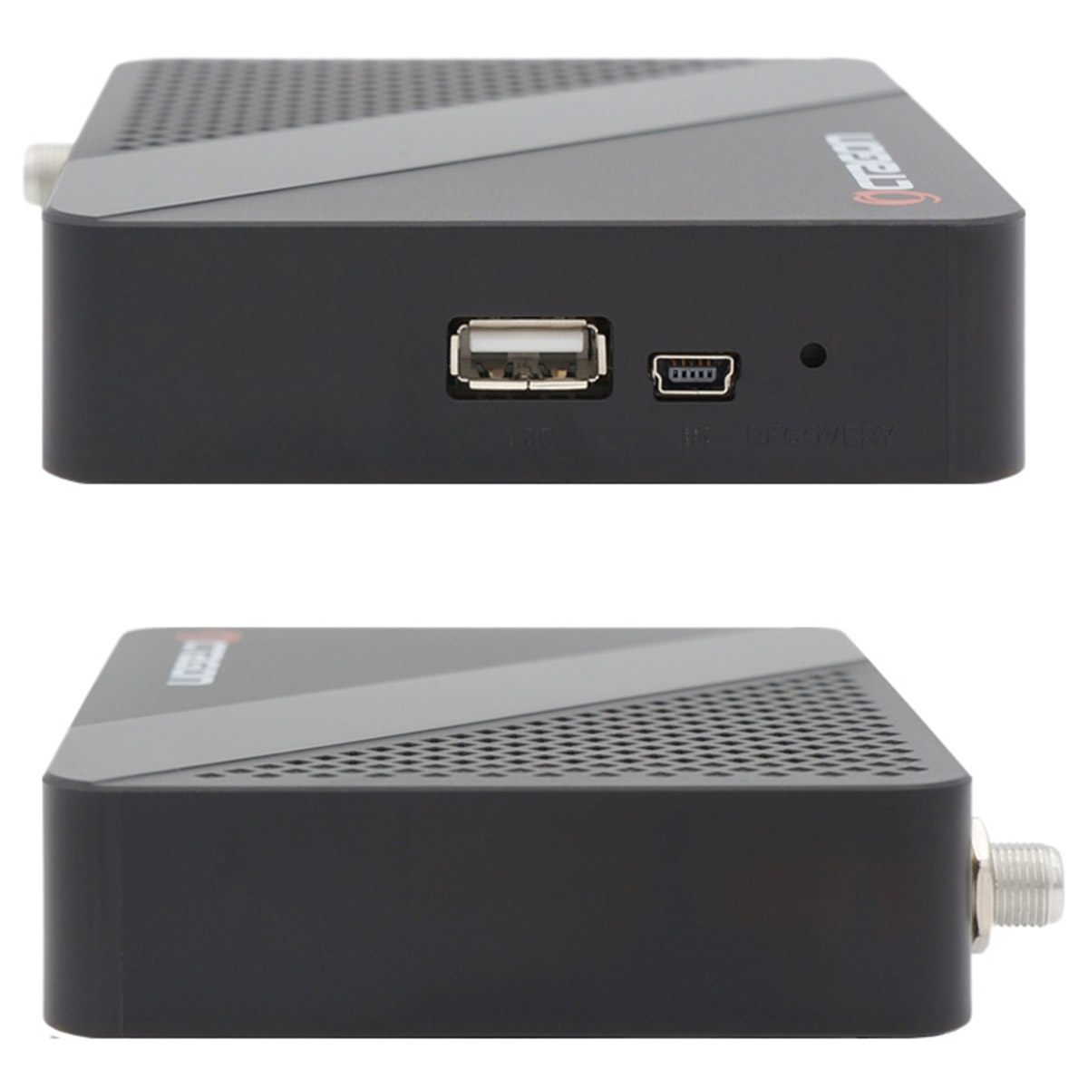 Schwarze Set-Top-Box mit Anschlüssen. Grauer Streifen. Weißer Hintergrund.