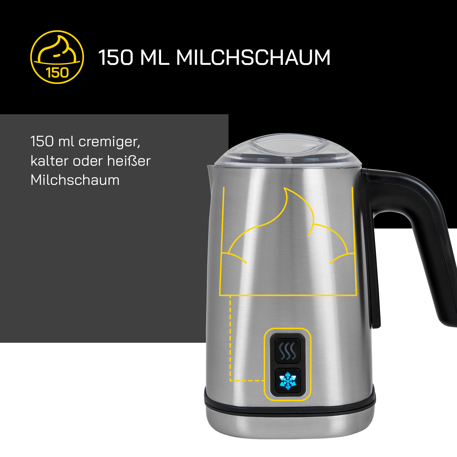 Ein Milchaufschäumer aus Edelstahl mit schwarzem Griff und gelbem Diagramm an der Seite.