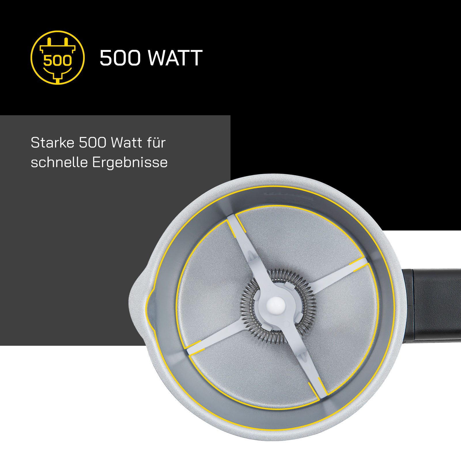 Mixerkopf mit Klingen in einem Behälter, Text '500 Watt'.