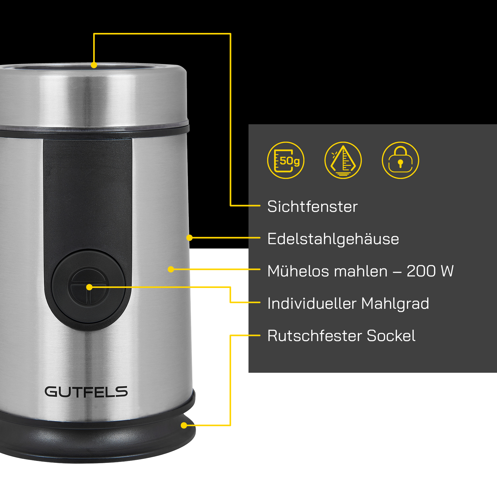 GUTFELS Elektrische Kaffeemühle Silber COFFEE Watt (200 5010