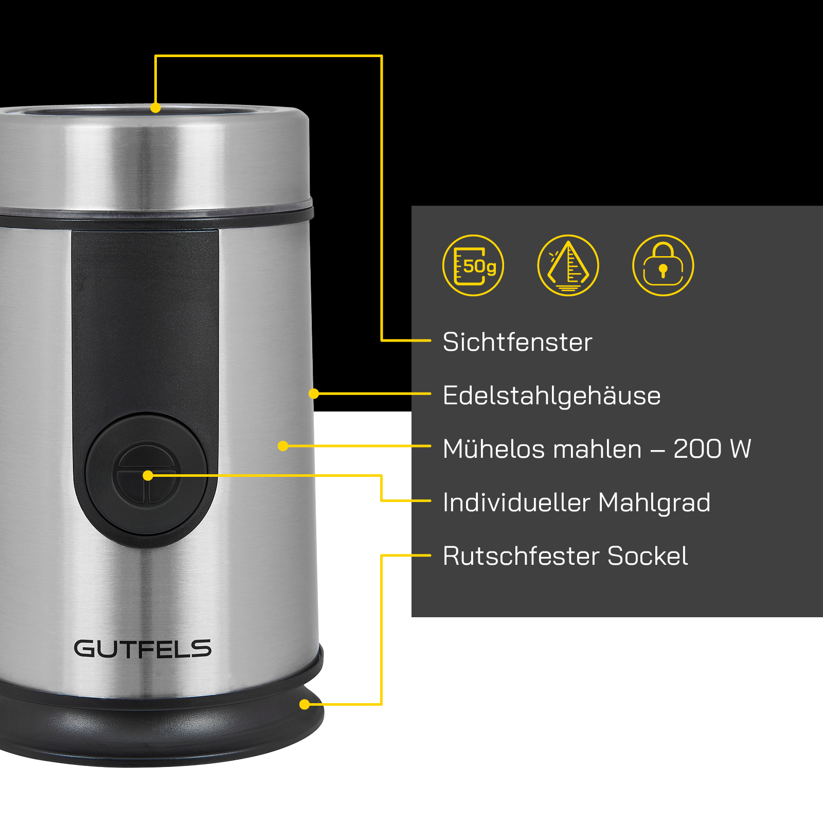 Eine silberne und schwarze Kaffeemühle mit Beschriftungen. Die Kaffeemühle zeigt Merkmale wie ein Sichtfenster.