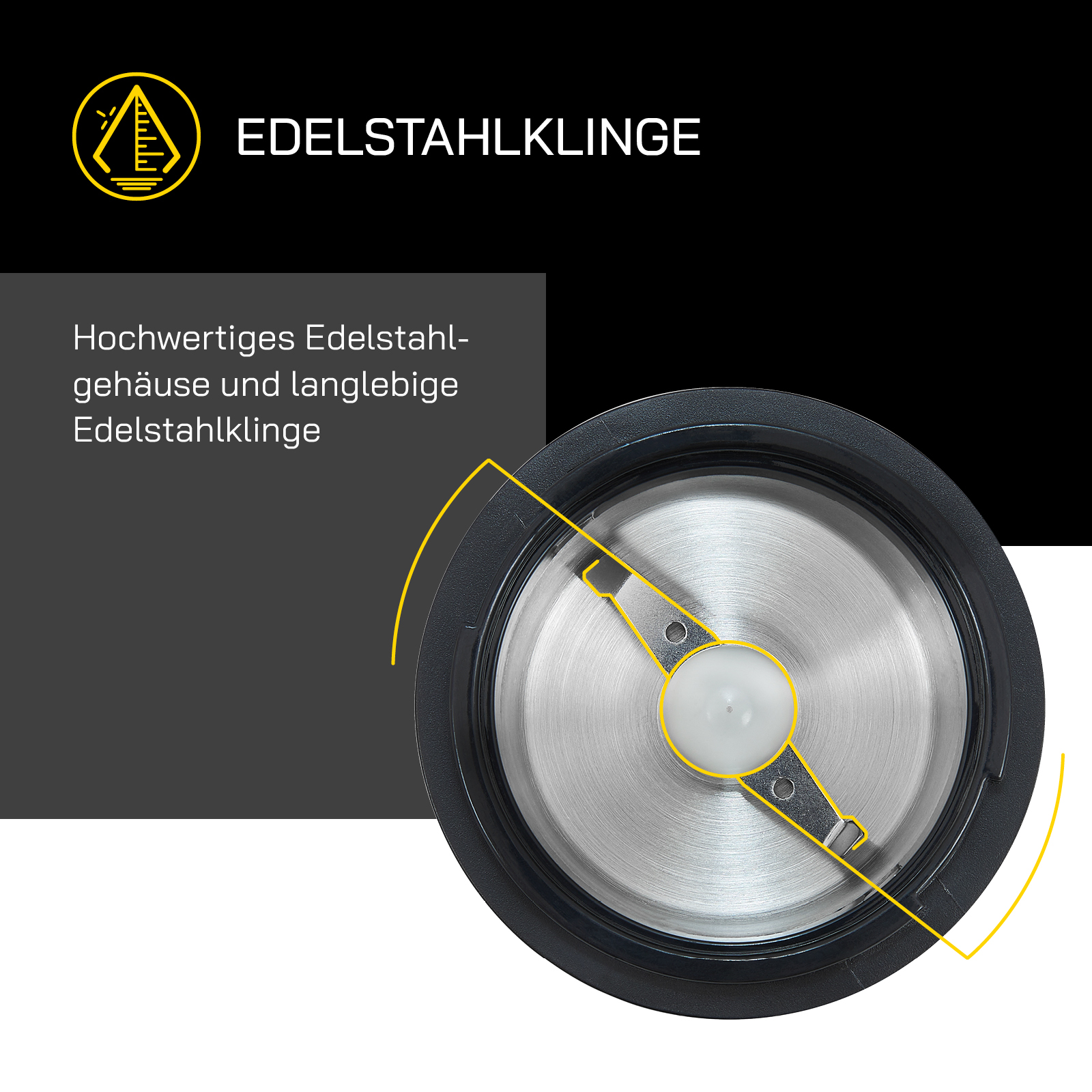 Nahaufnahme einer Mahlwerksklinge. Der Text lautet "EDELSTAHLKLINGE" und "Edelstahlklinge".