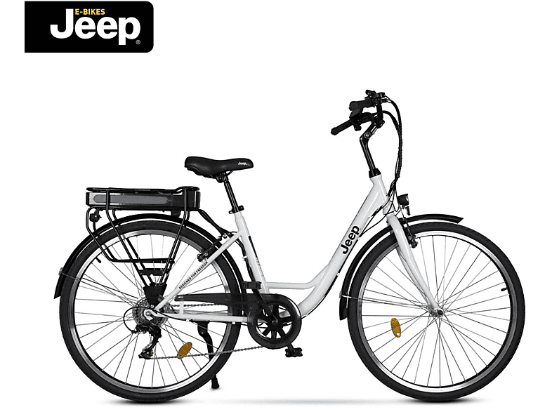 JEEP E-BIKES Jeep City E-Bike ECR 3001, 28”, 6-Gang SHIMANO Kettenschaltung, white Citybike (Laufradgröße: 28 Zoll, Rahmenhöhe: 44 cm, Erwachsene-Rad, 374,4 Wh, black)