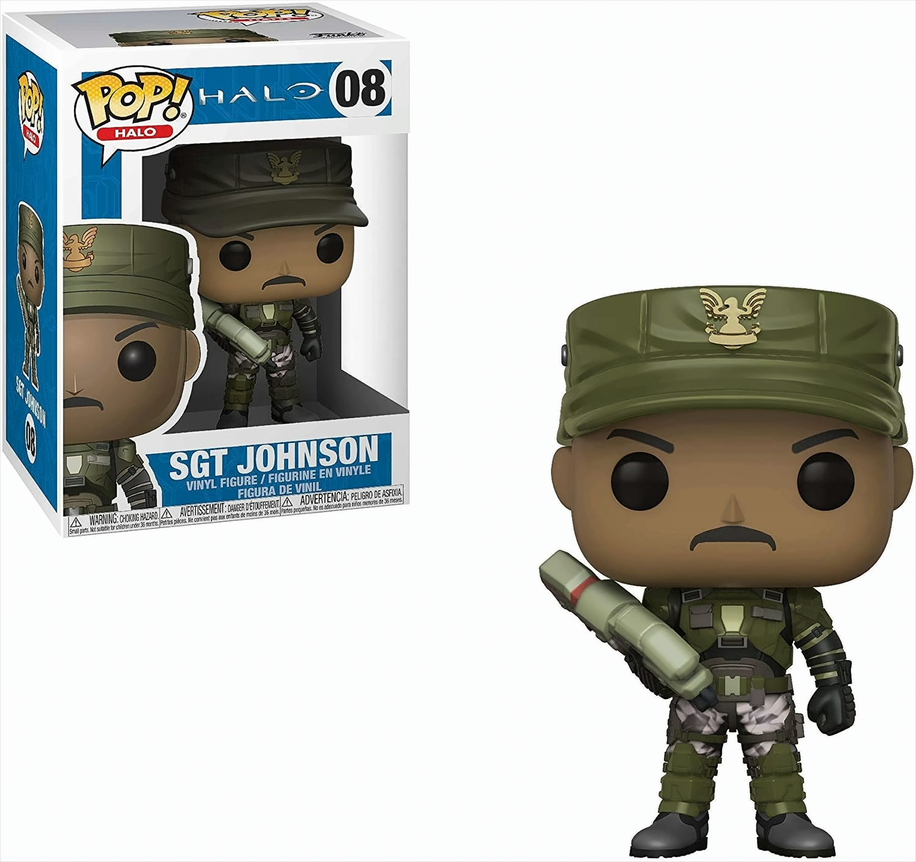 Figura de Sgt. Johnson con una caja Funko Pop. Sostiene un arma. Uniforme verde.