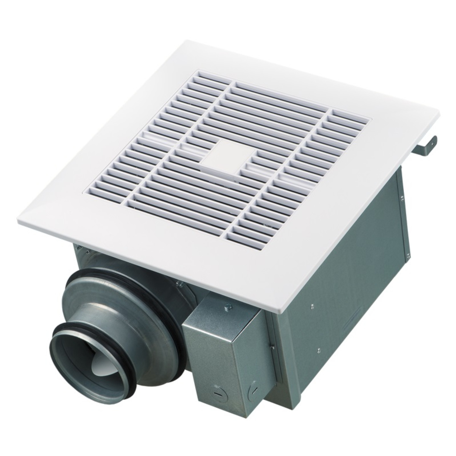 Ein weißer quadratischer Deckenauslass mit einem Ventilator und einer Metallbox. Der Auslass befindet sich auf weißem Hintergrund.