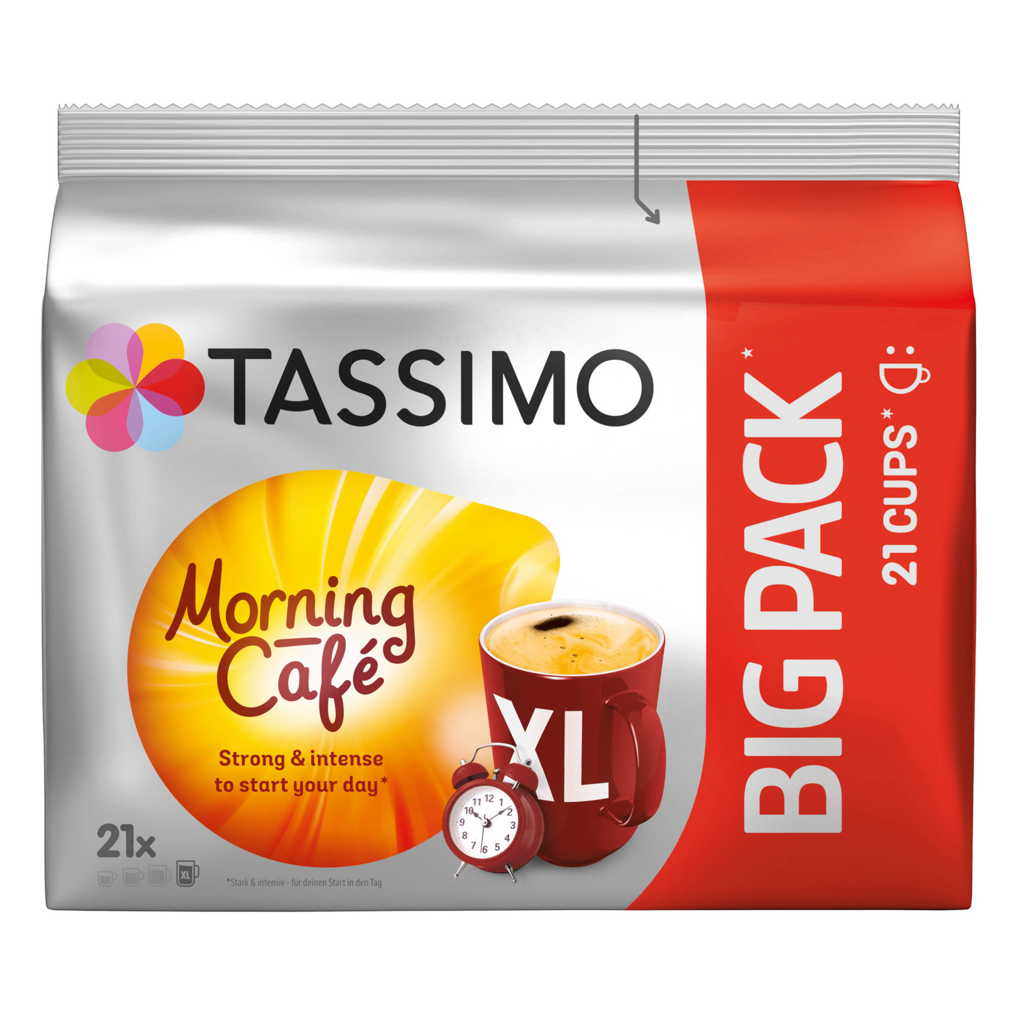 Ein Tassimo Morning Café Kaffee-Pack mit Tasse, Wecker und Text.