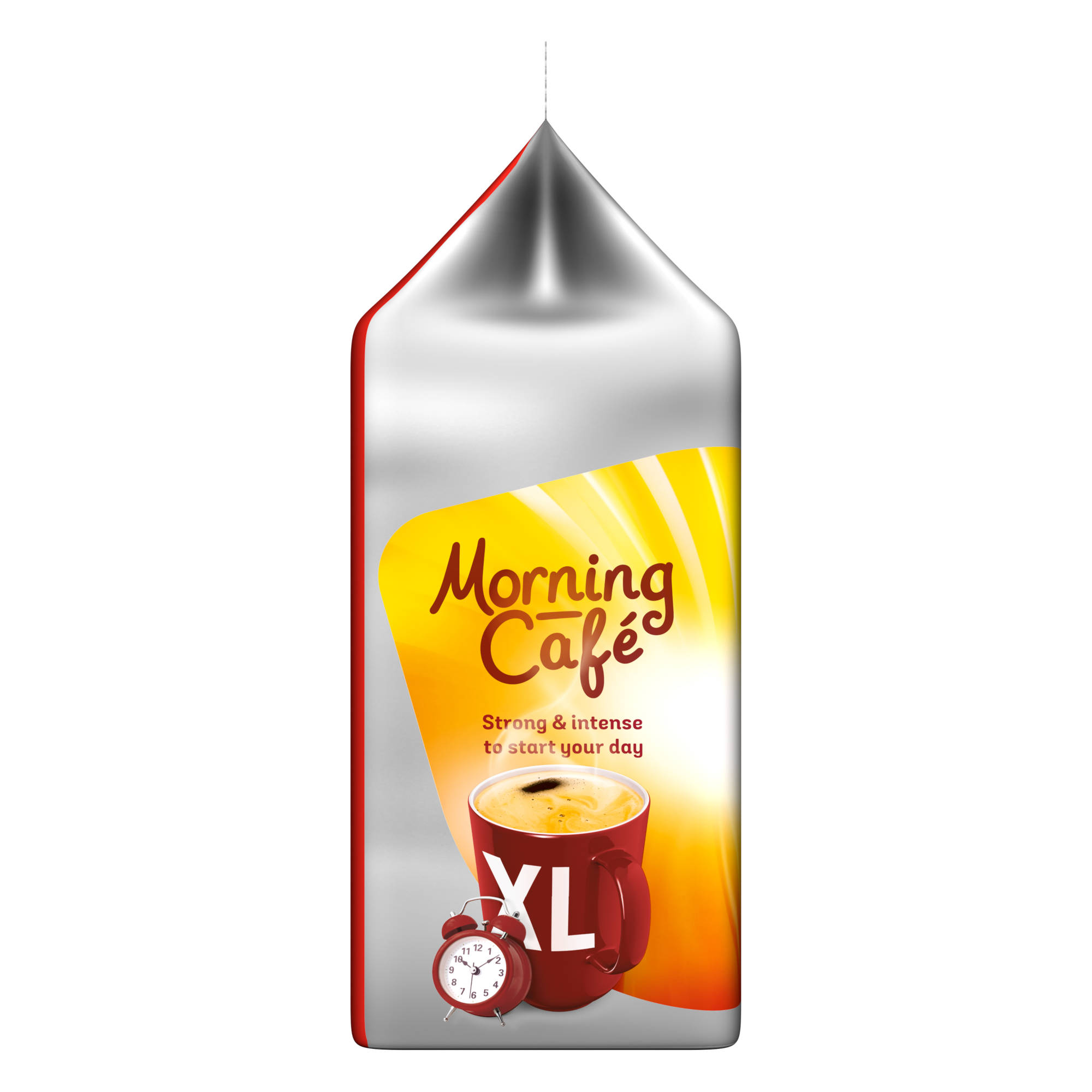 Eine Kaffeeverpackung mit rotem Becher, Wecker und Text 'Morning Café' vor gelbem Hintergrund.