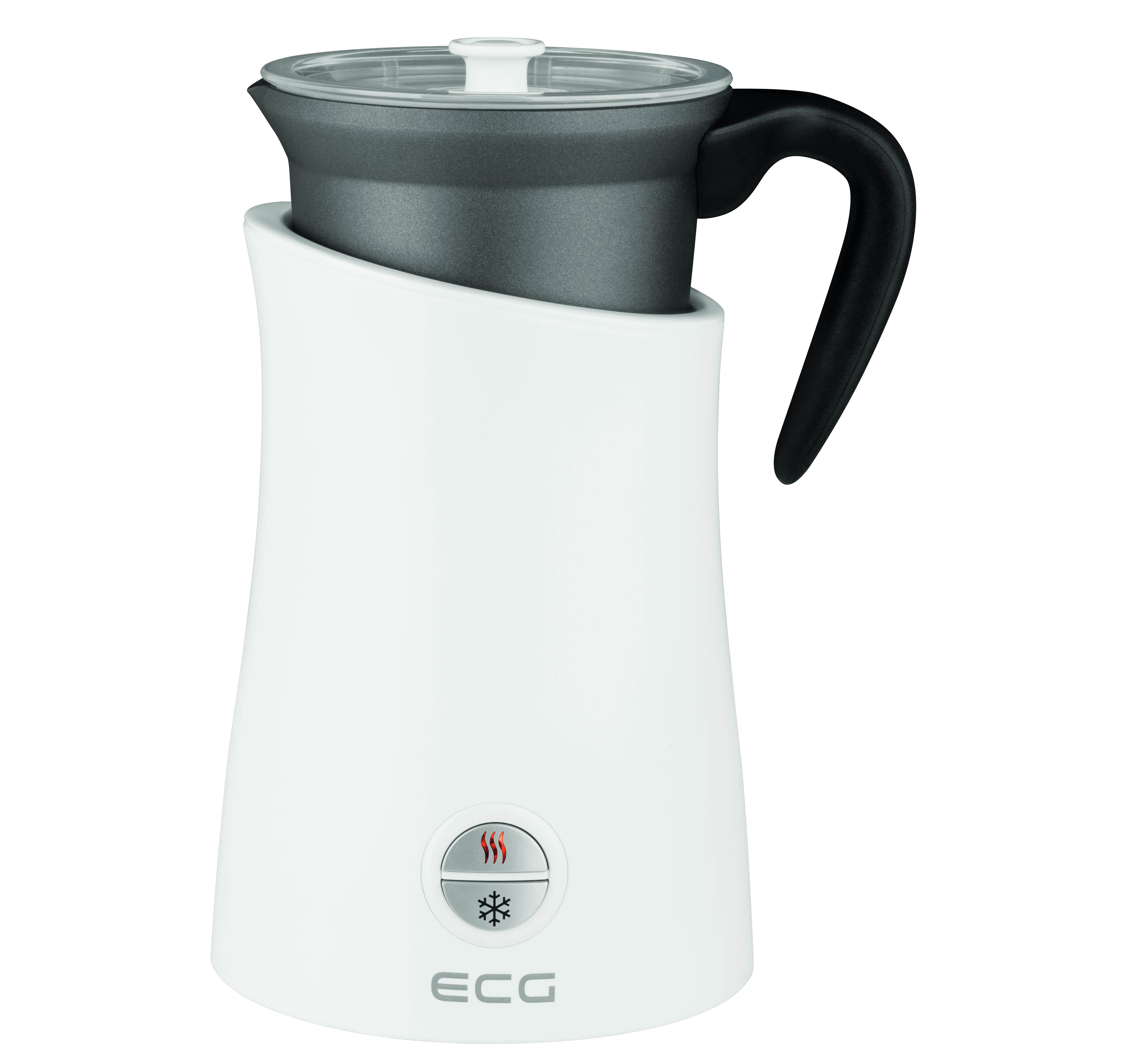 Biało-szary spieniacz do mleka z czarnym uchwytem. Ma przycisk z ikonami śnieżynki i pary.