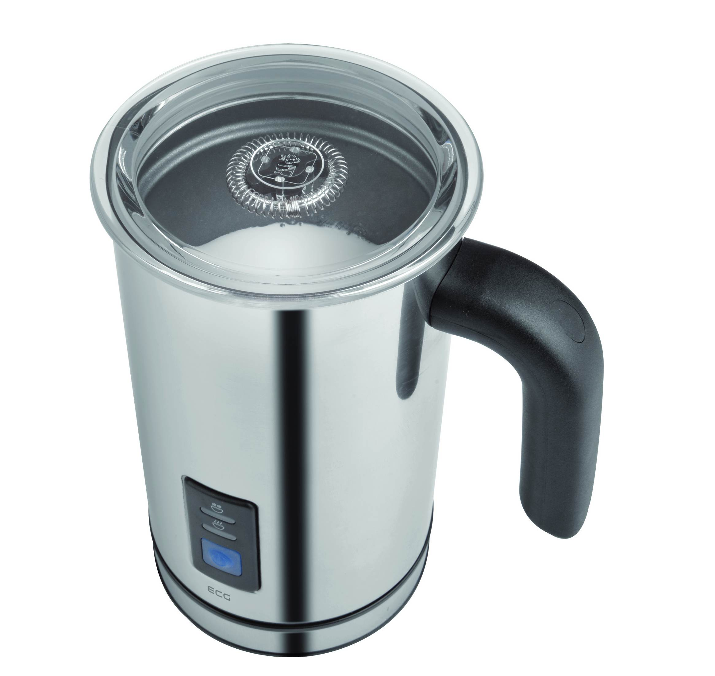 Spieniacz do mleka ze stali nierdzewnej z czarnym uchwytem i przezroczystą pokrywą.