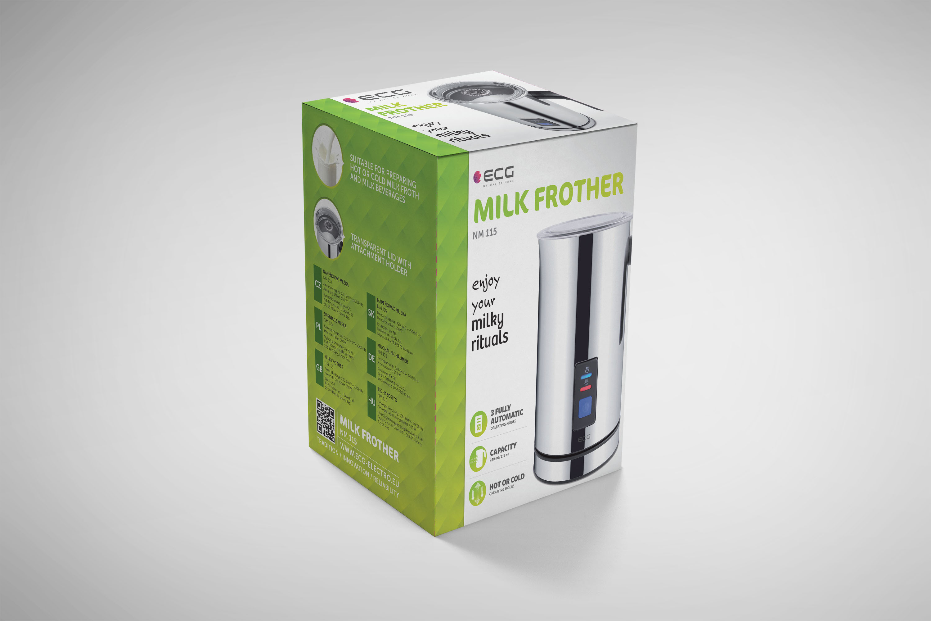 Pudełko z spieniaczem do mleka, widok produktu z tekstem i obrazami, białe tło. ECG Spieniacz do mleka NM115.