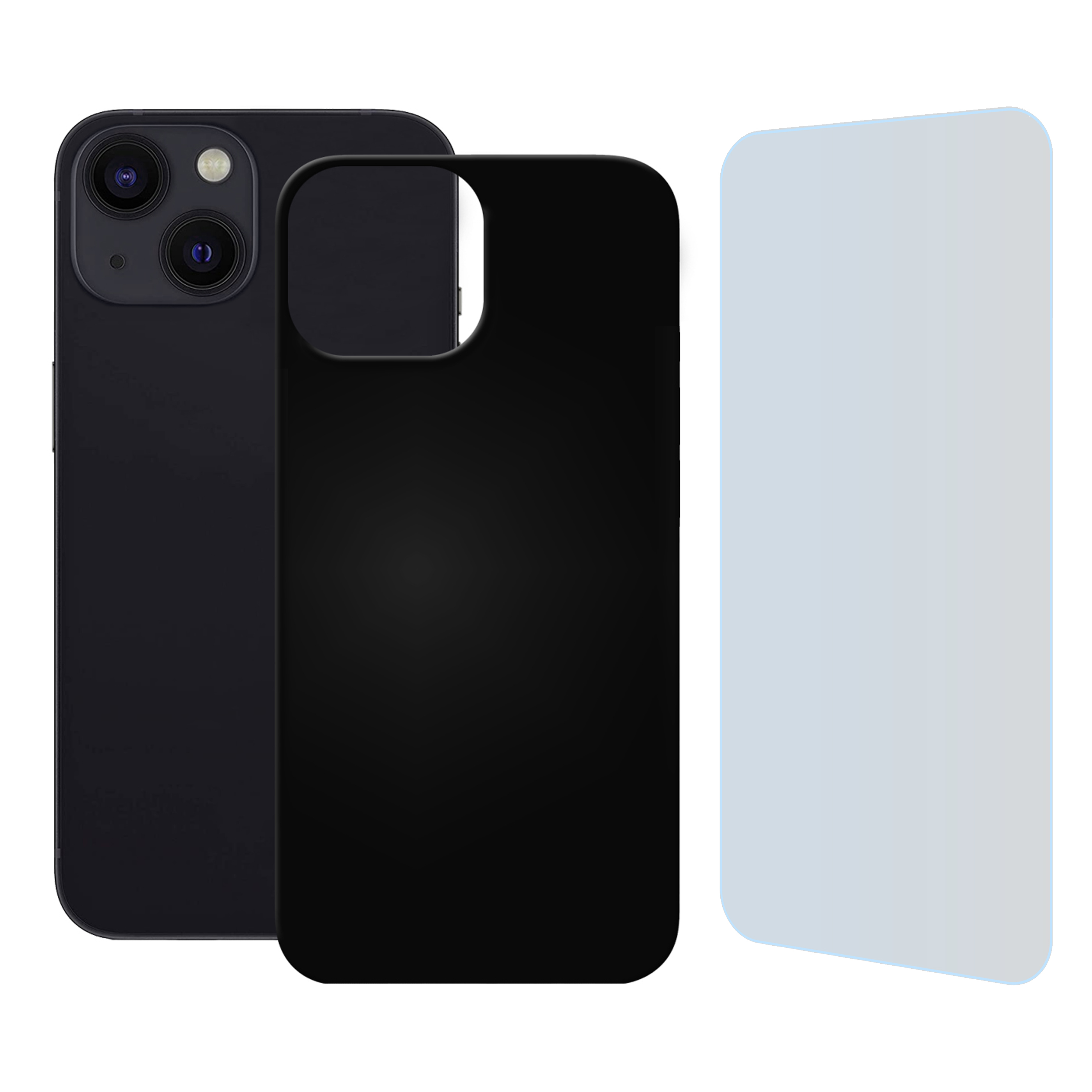 Ein schwarzes Telefon, eine schwarze Handyhülle und eine Displayschutzfolie.